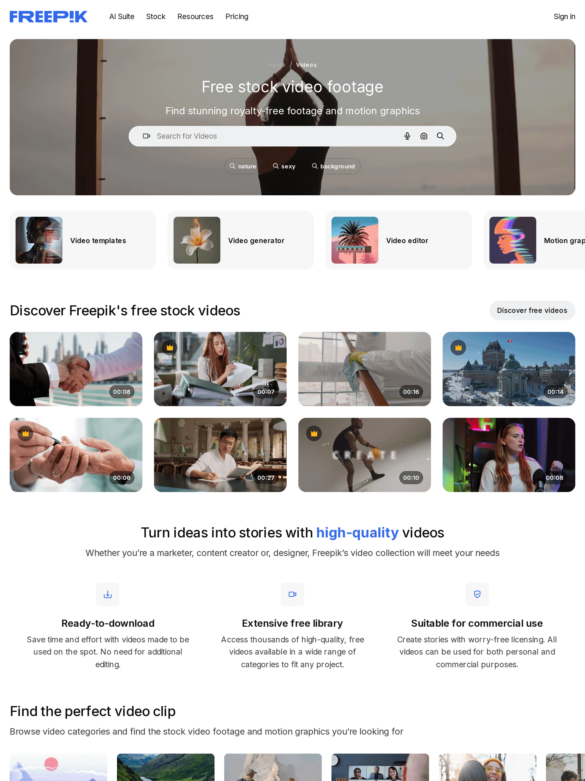 Freepik free stock video homepage