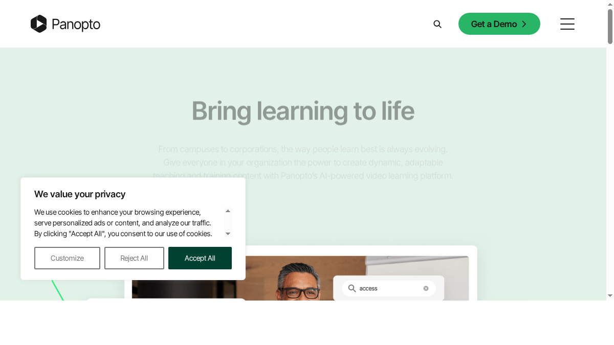 Panopto video platform for education and training homepage