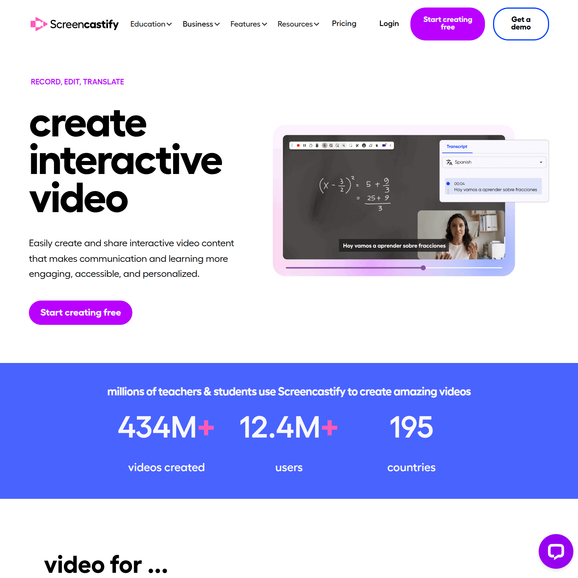 Screencastify homepage - interactive video creation for education