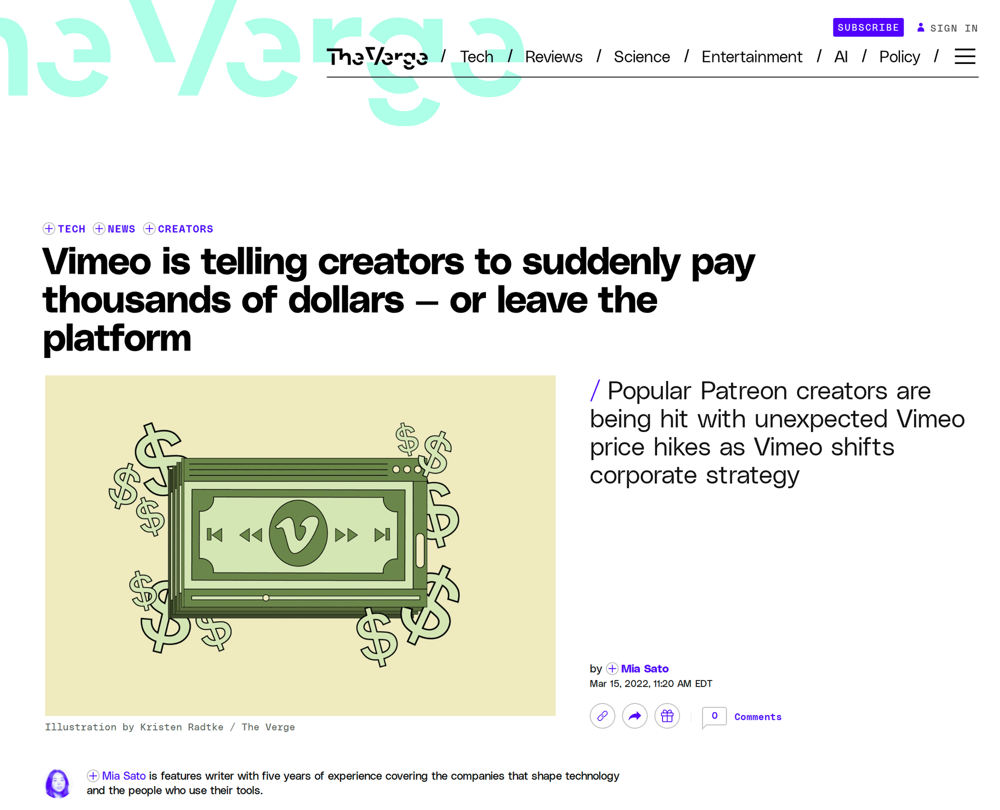 The Verge article headline: Vimeo is telling creators to suddenly pay thousands of dollars or leave the platform