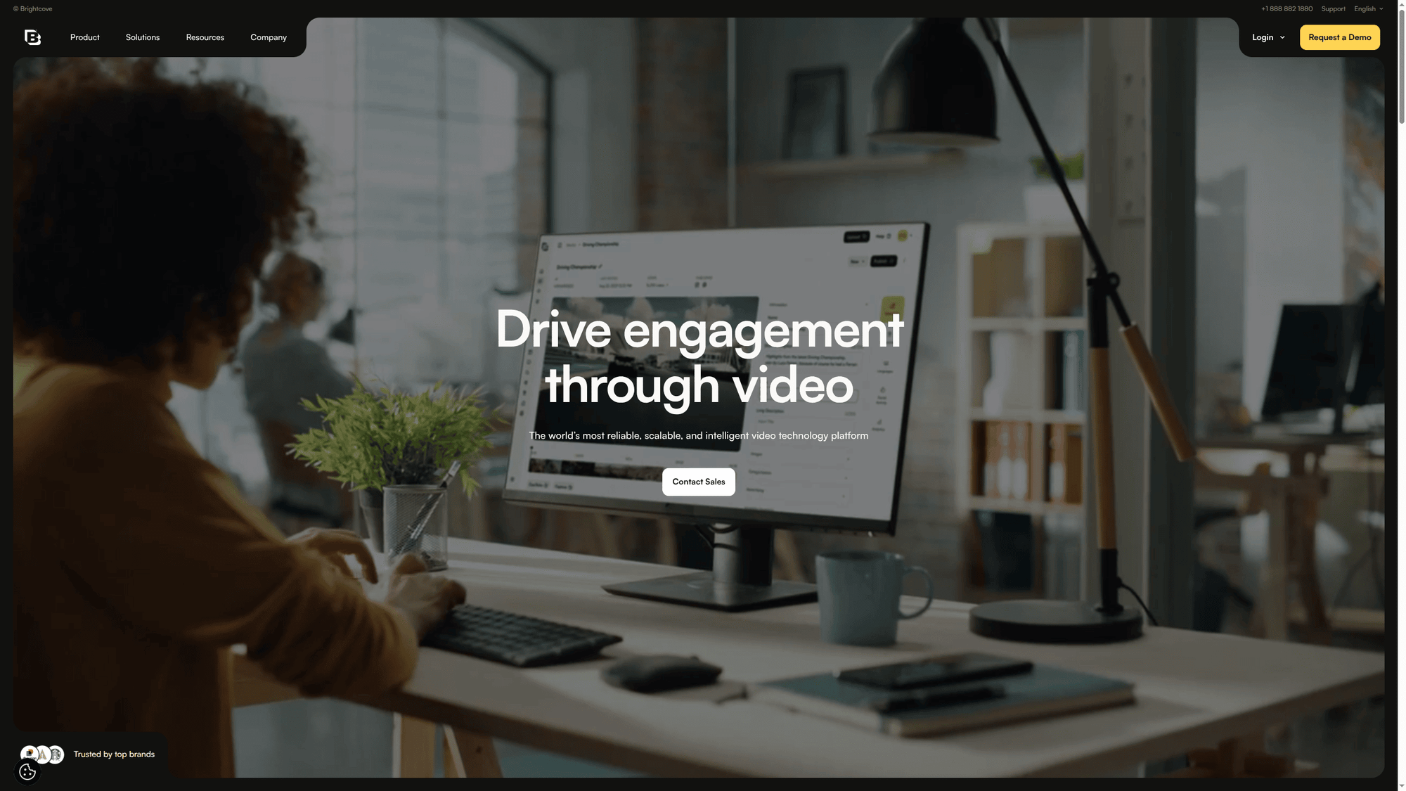 Brightcove homepage showing enterprise video platform positioning and product categories