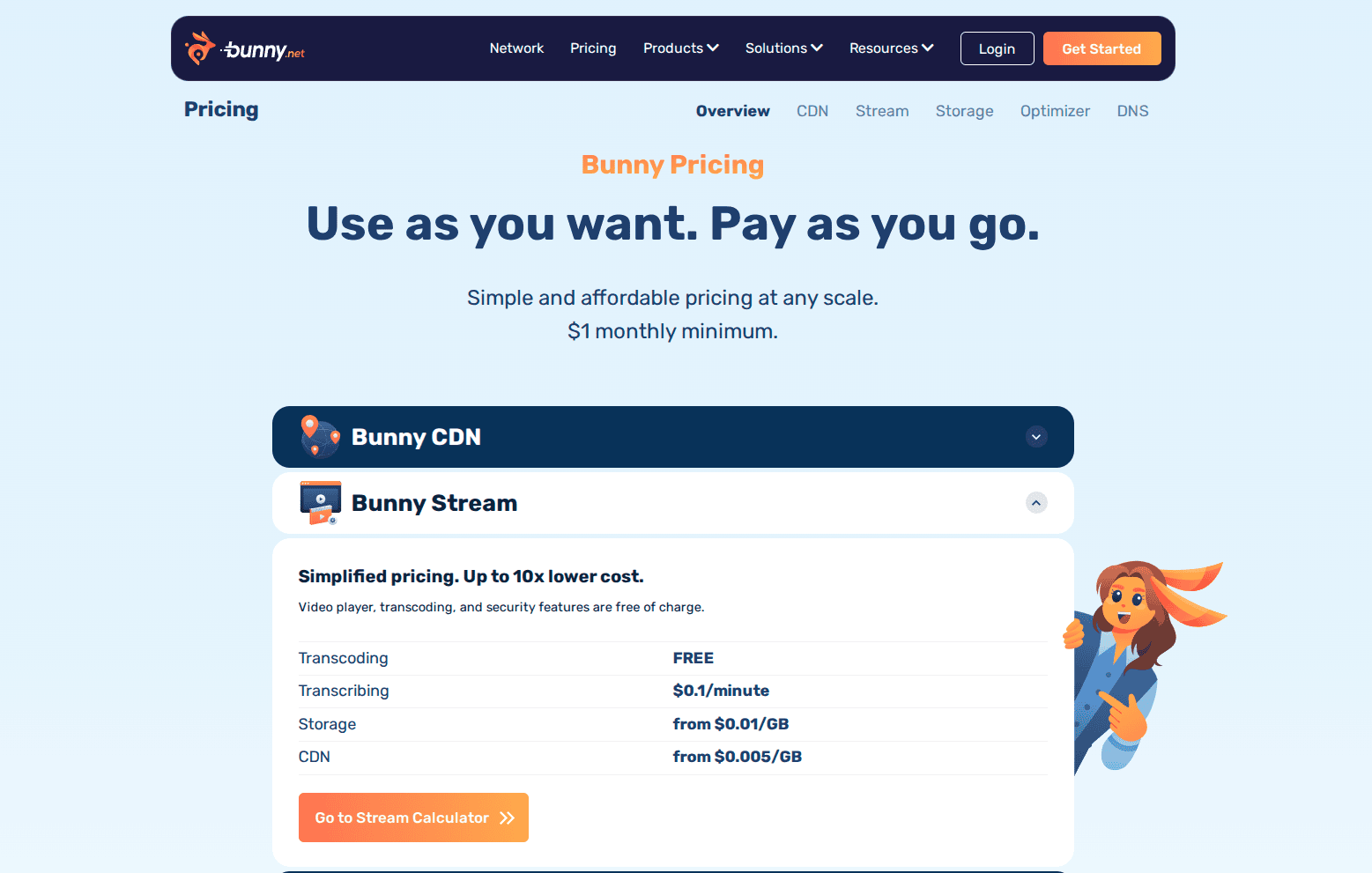 Bunny.net pricing page showing volume-based CDN and storage tiers