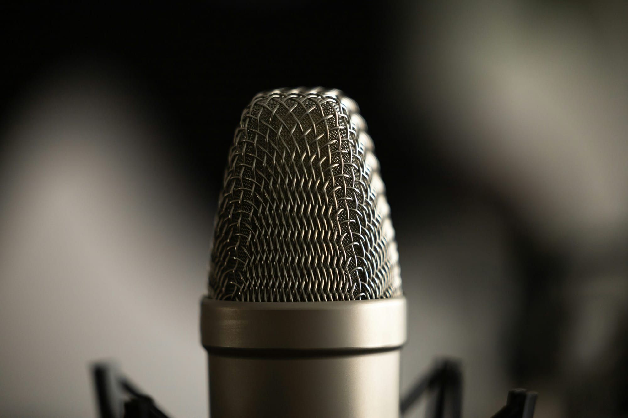 Closeup of a condenser microphone used for video recording and podcasting
