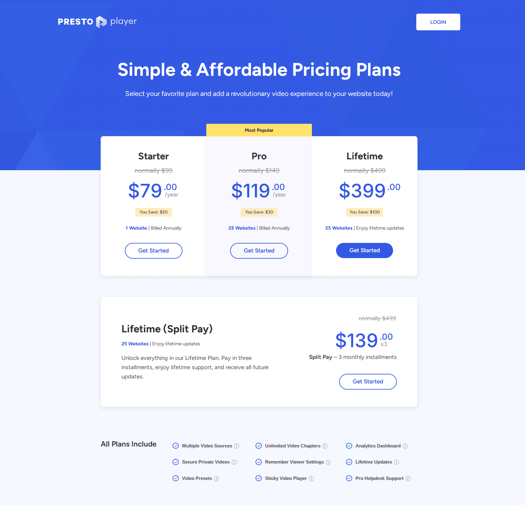 Presto Player pricing page showing WordPress video player plan tiers