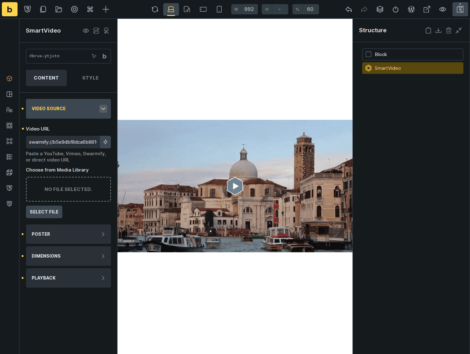 SmartVideo module in Bricks Builder with video URL and playback settings