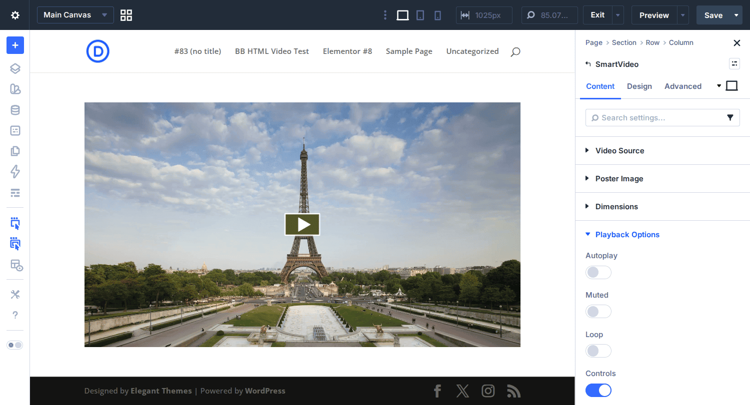 SmartVideo module in Divi Builder with video source and playback options