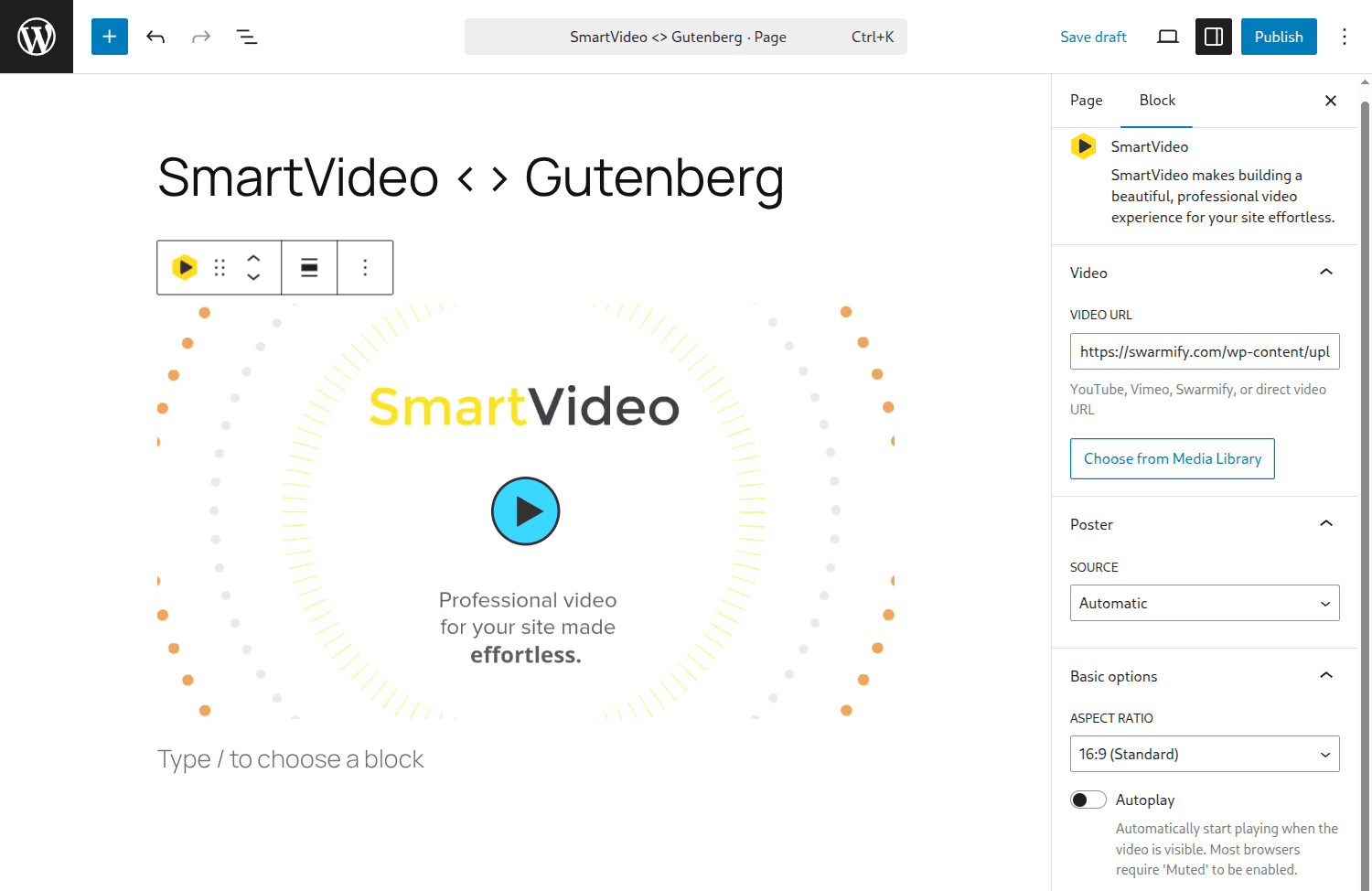 SmartVideo Gutenberg block in WordPress editor with video settings inspector panel