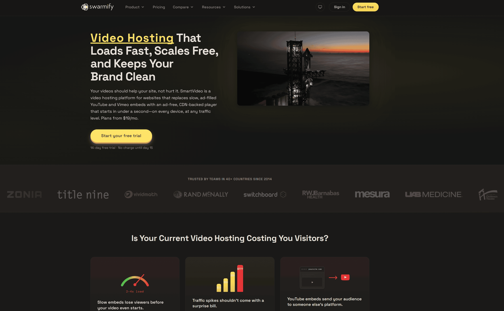 SmartVideo homepage showing business video hosting with unlimited bandwidth and ad-free playback