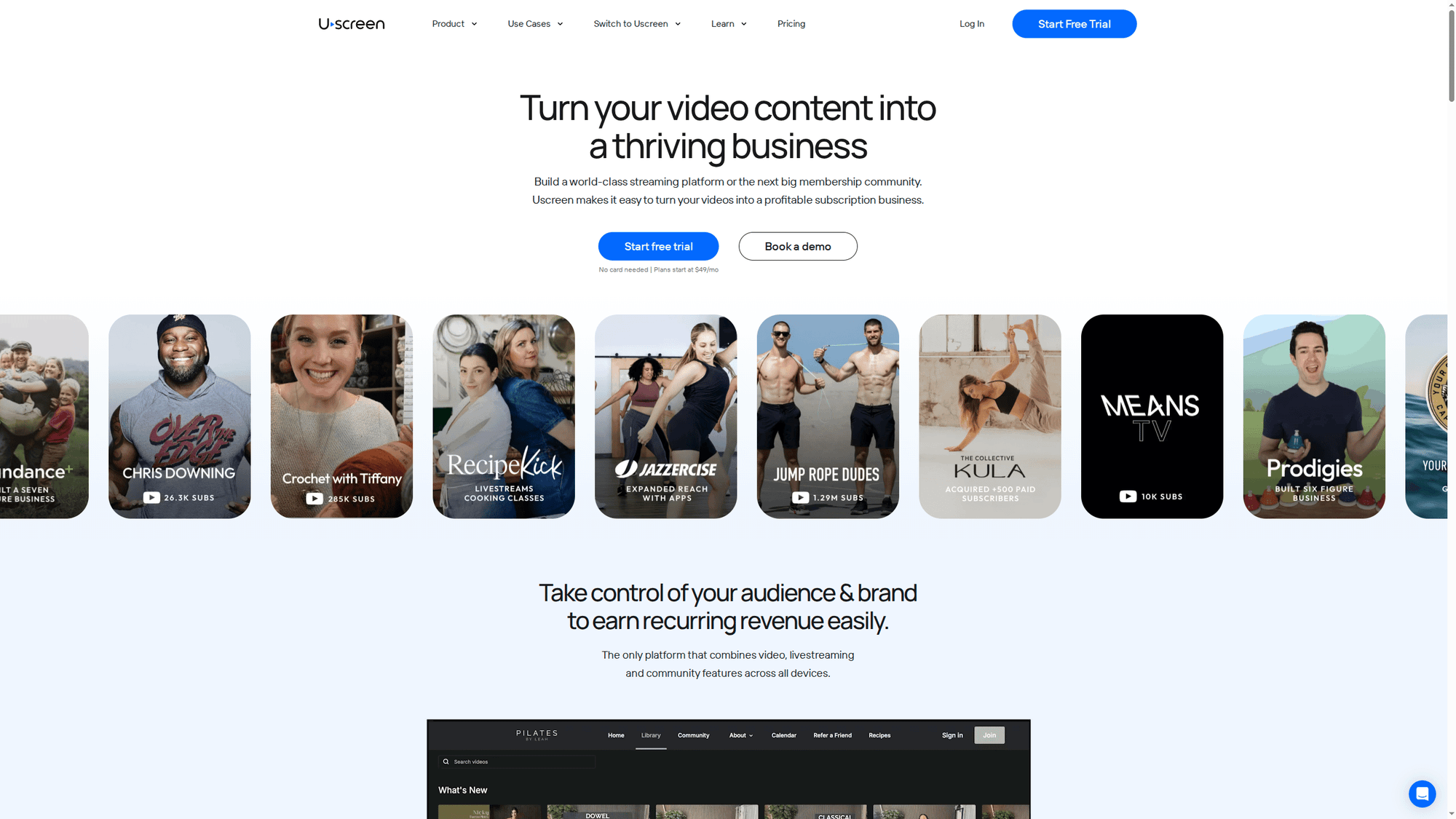 Uscreen homepage showing membership and OTT video platform features