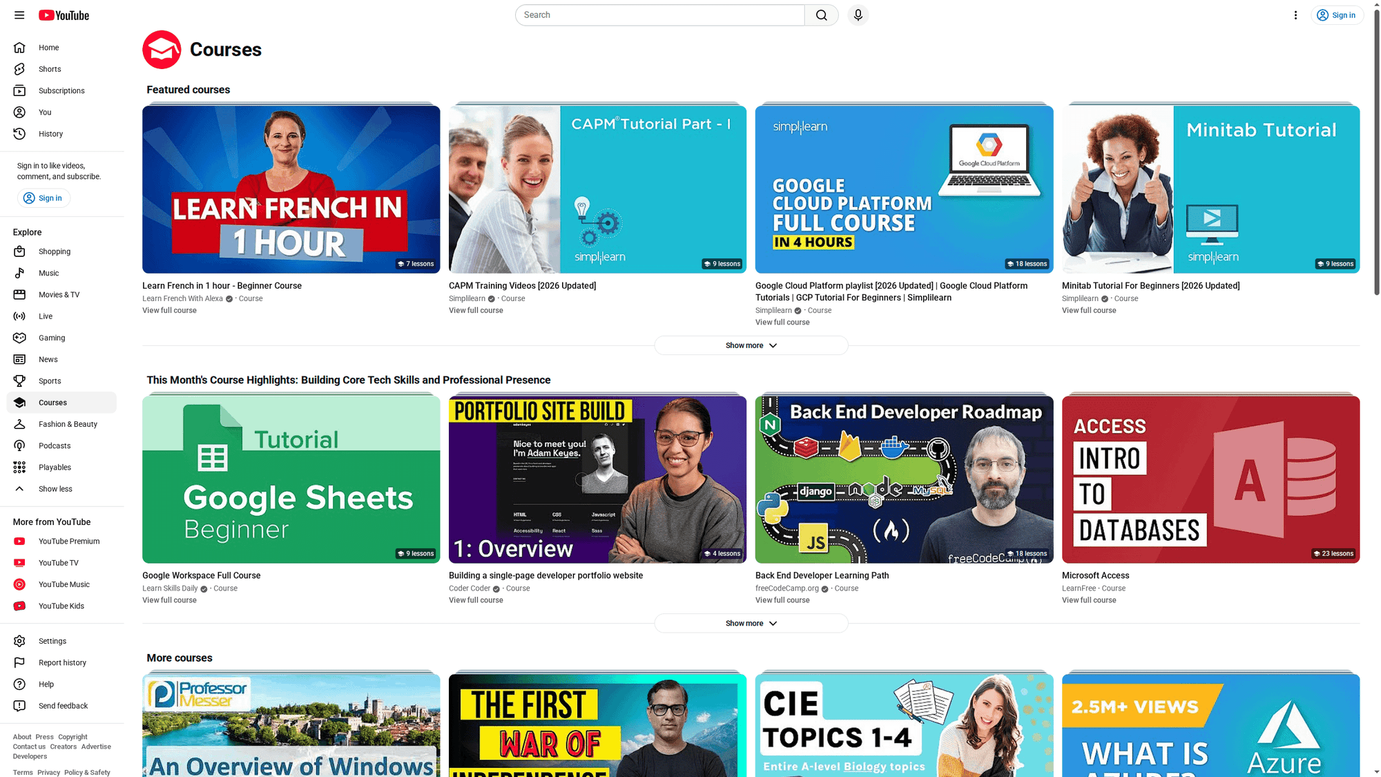 youtube courses homepage