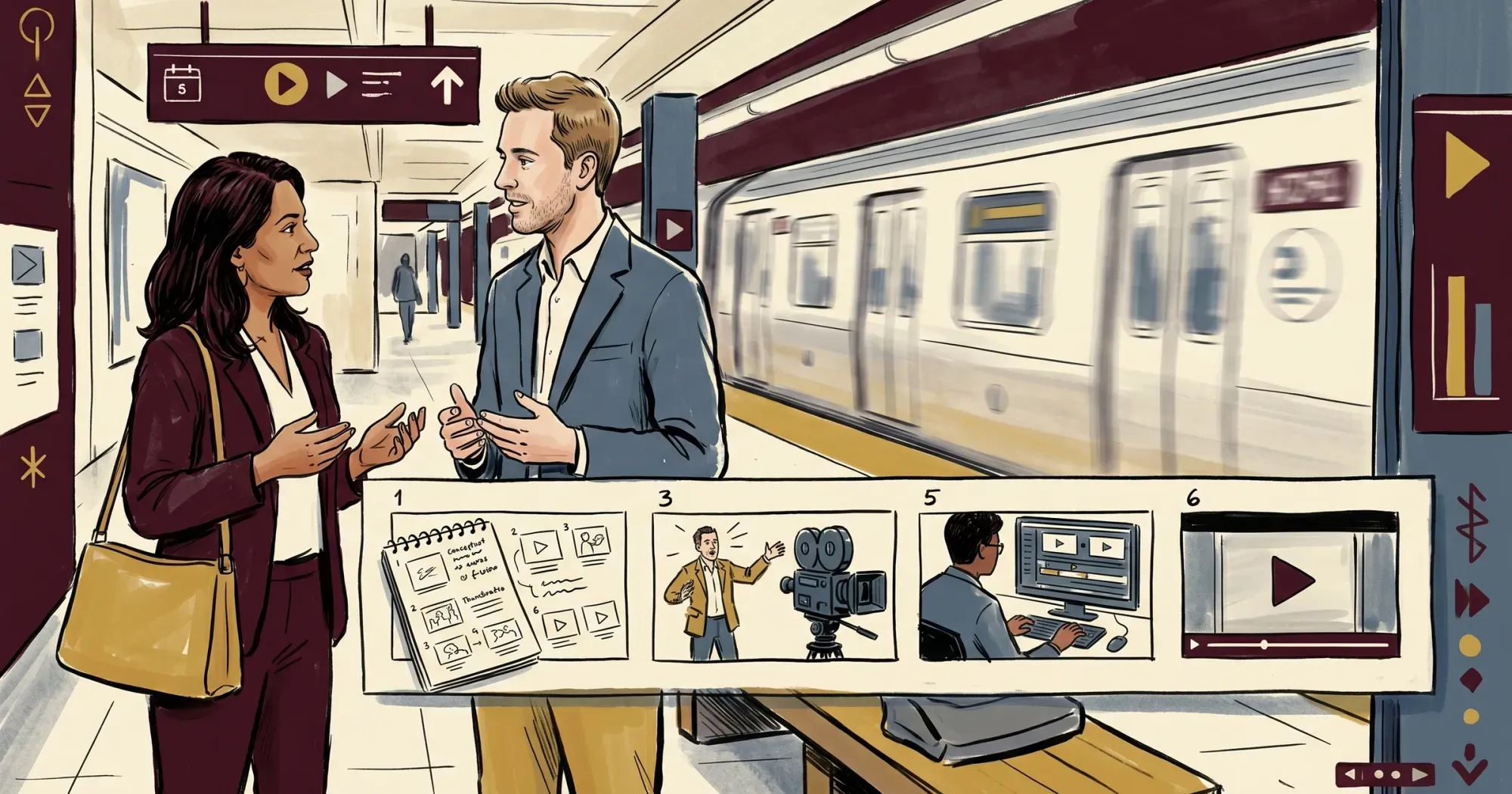 Two colleagues planning a brand video production while reviewing a six-panel storyboard