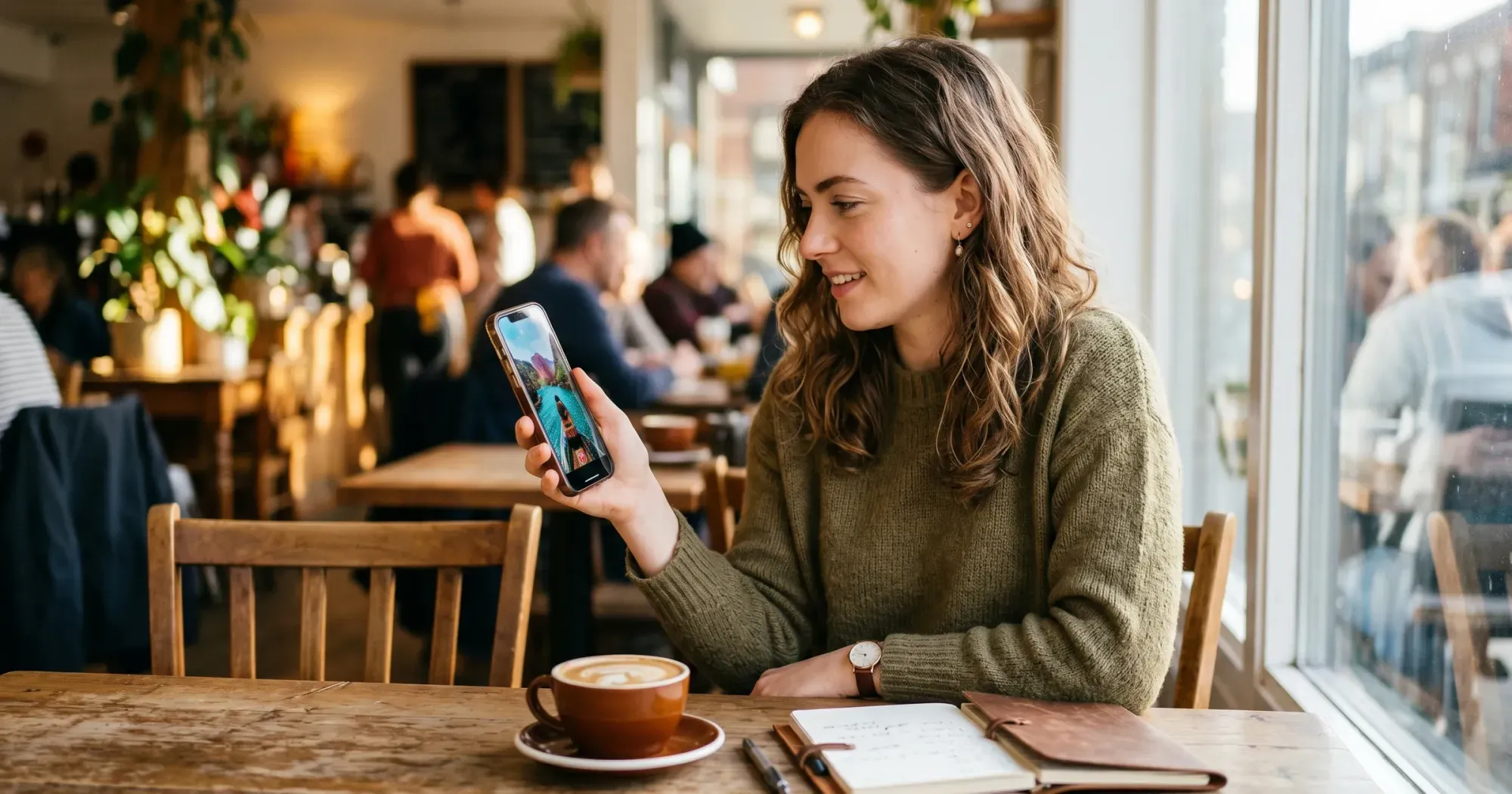 A creator in a cafe watching a vertical video on a smartphone held in portrait orientation