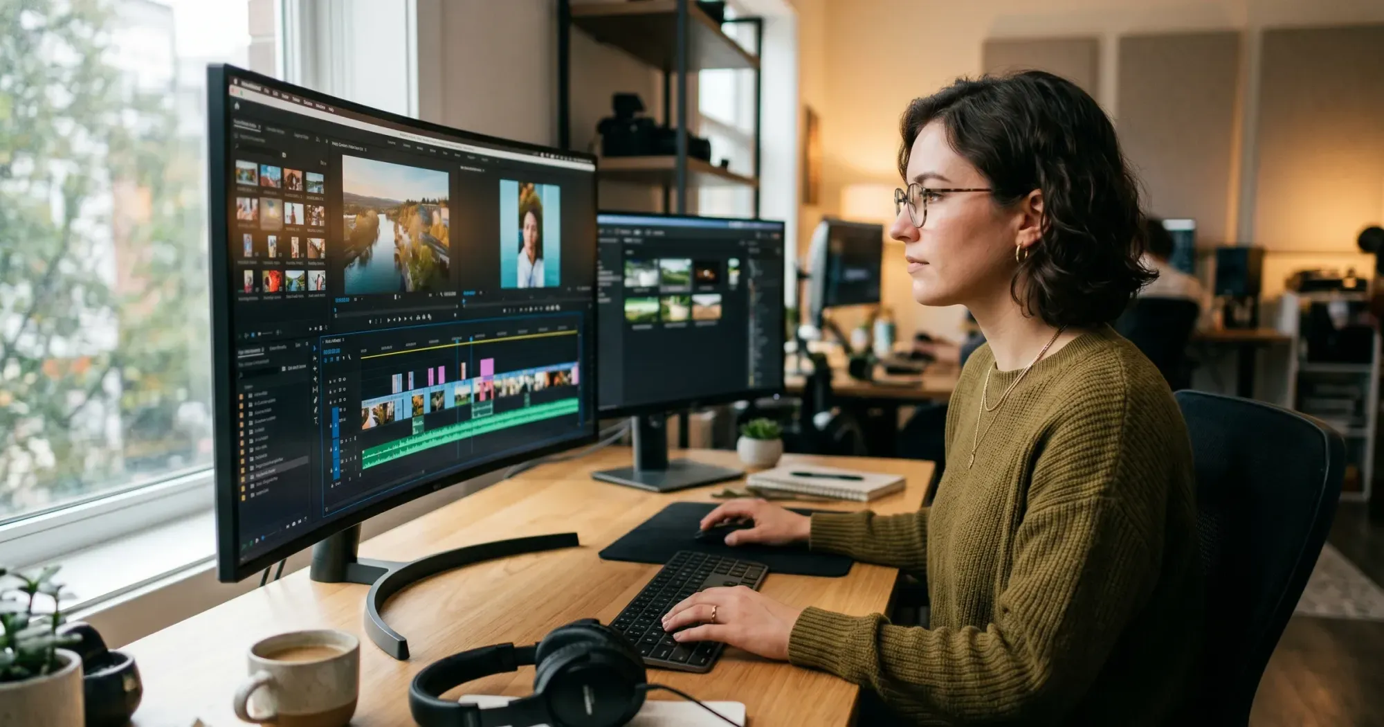 Video editor working at a workstation with a non-linear timeline displaying multiple video clips in different aspect ratios
