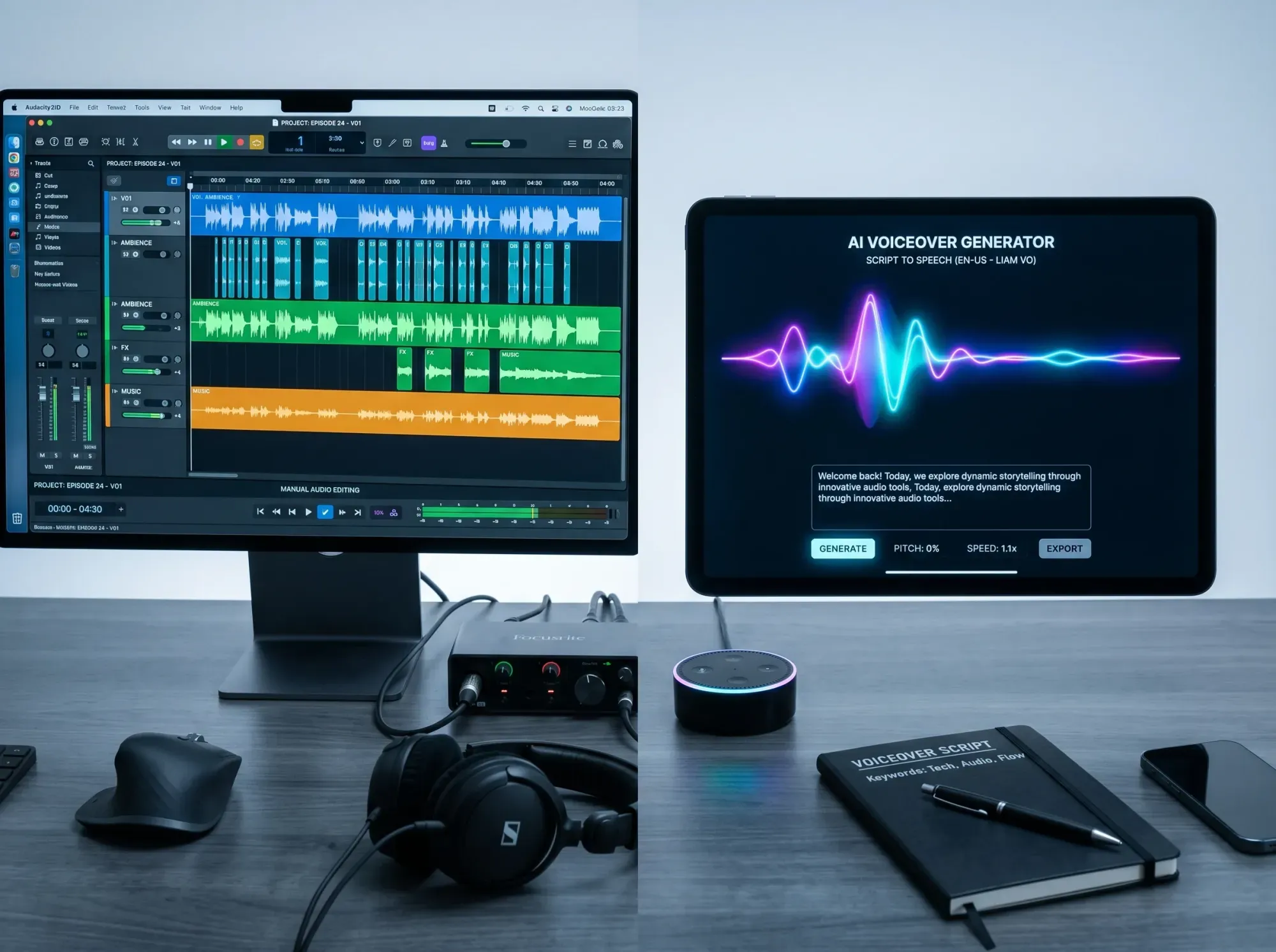 Professional microphone in a recording studio environment with acoustic treatment