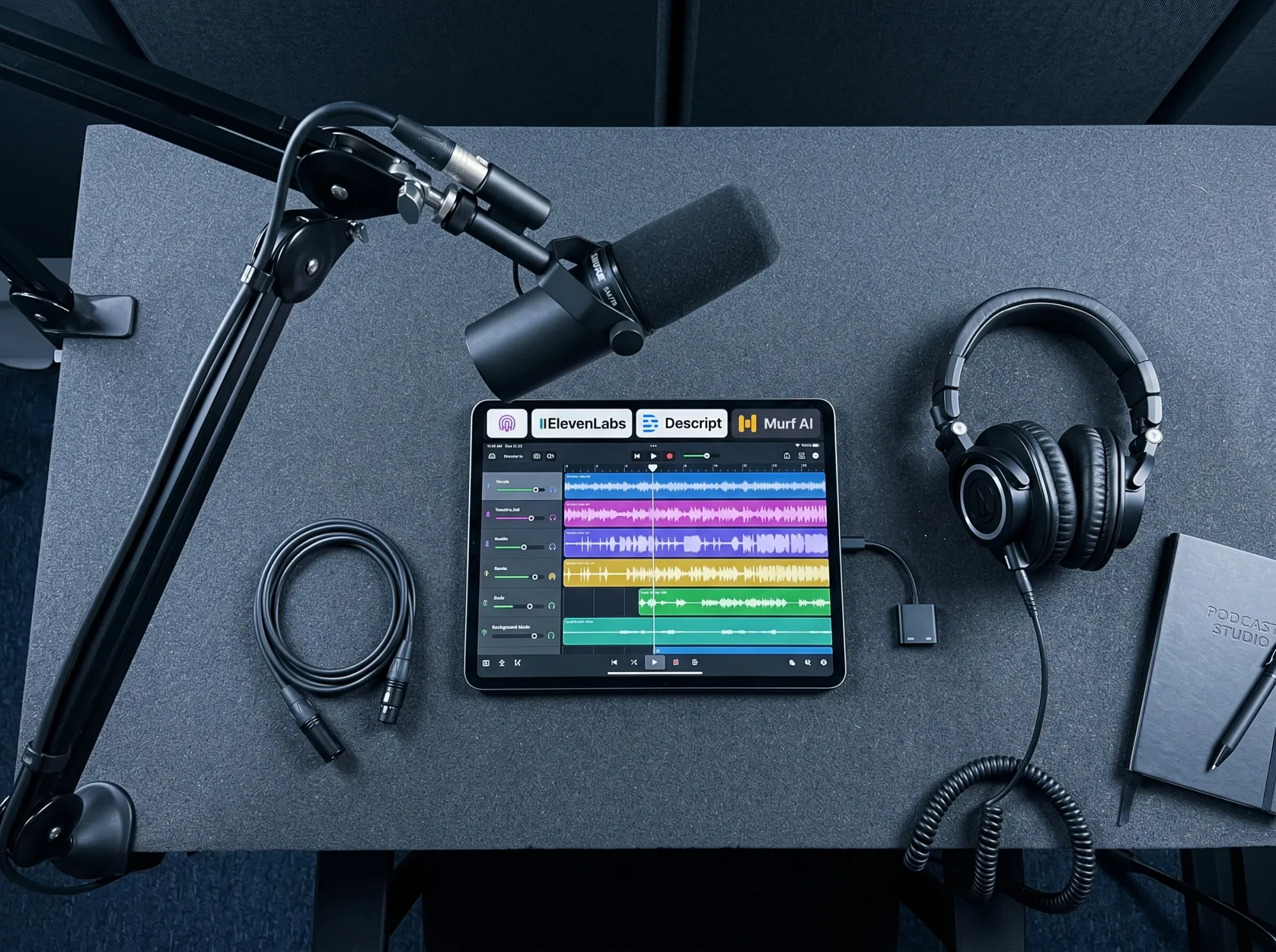 Home voiceover recording setup with condenser microphone, pop shield, headphones, and computer running audio editing software