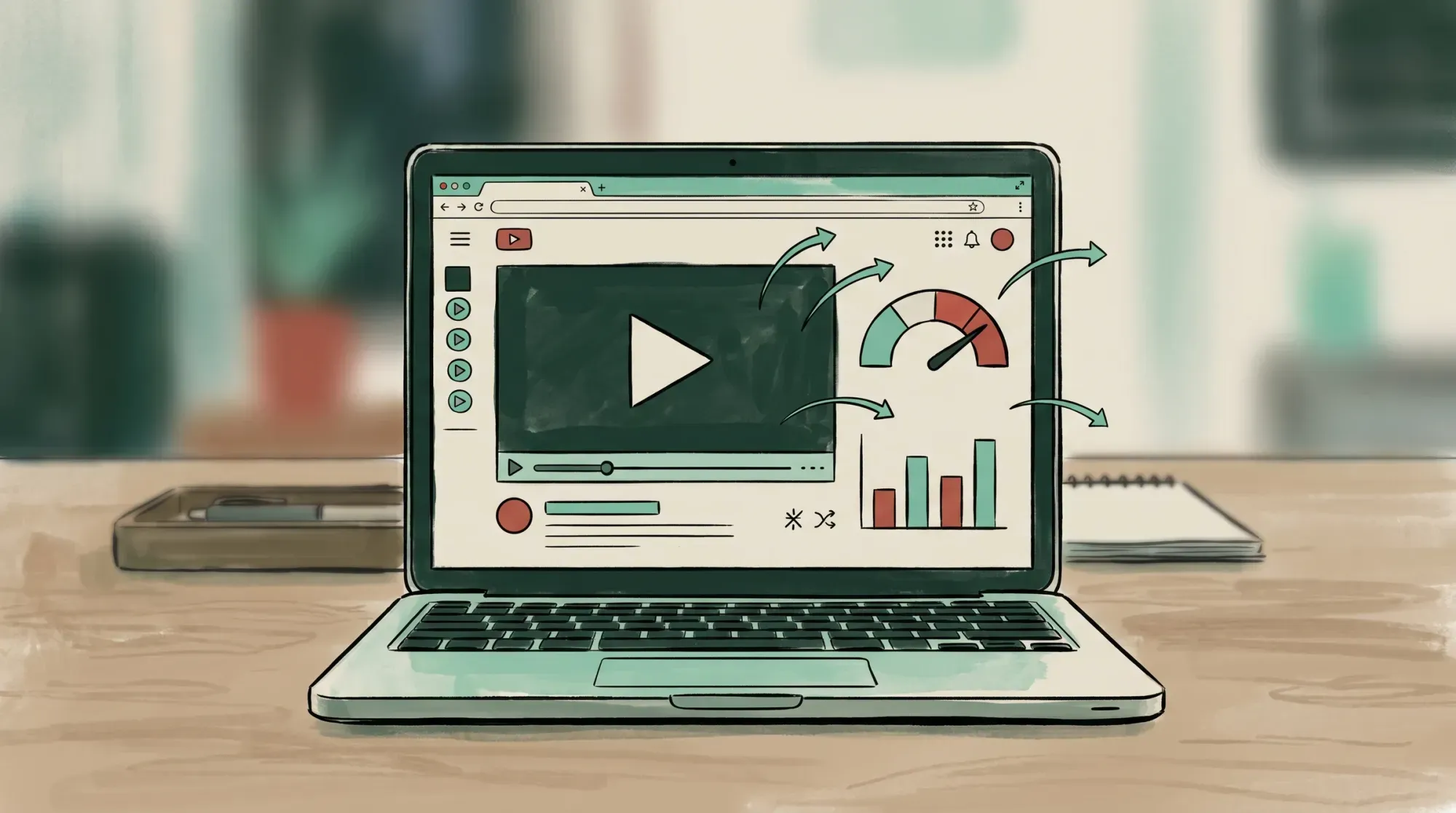 Painterly editorial illustration of a laptop showing a paused video player with a red performance dial and arrows curving away from the page
