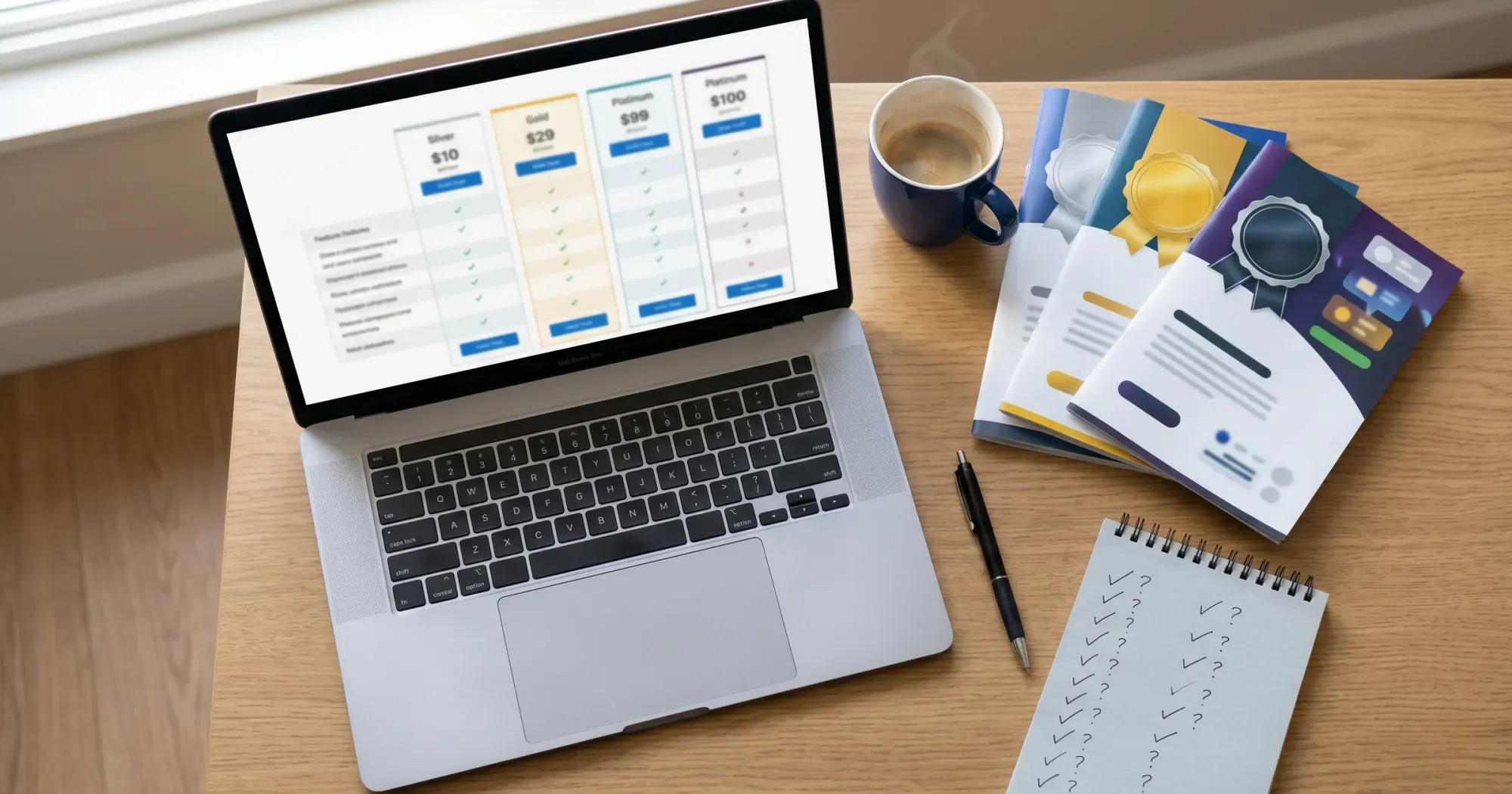 Desk with laptop showing a pricing comparison dashboard
