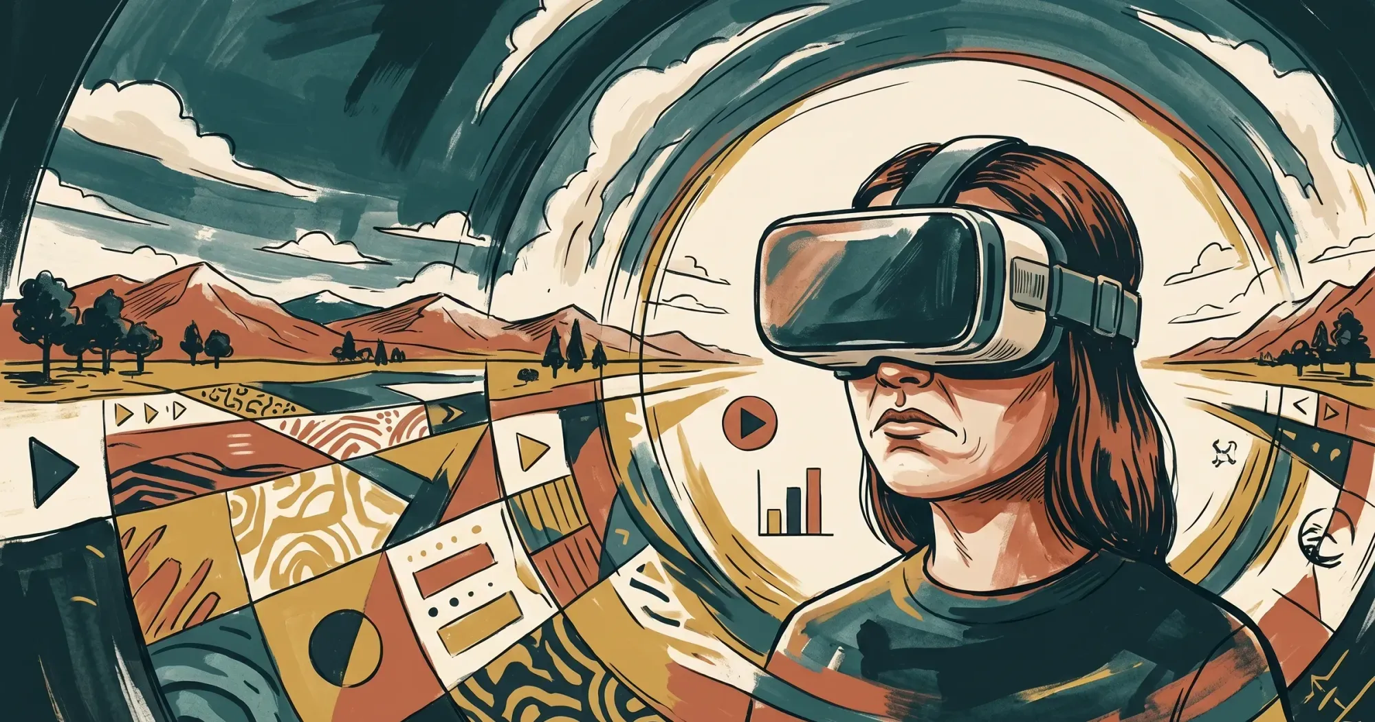 Person in VR headset with a panoramic landscape warping into a fisheye distortion around them
