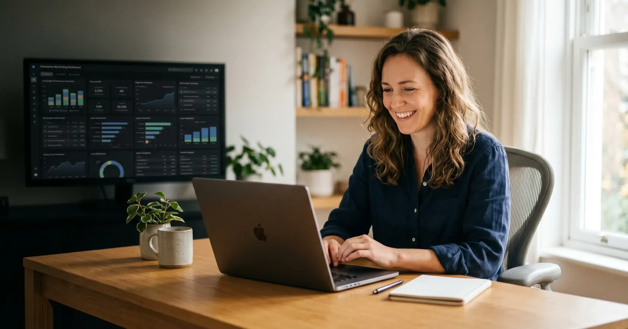 A small business owner at a simple workspace with a clean laptop interface, while a complex enterprise dashboard sits ignored on a second monitor