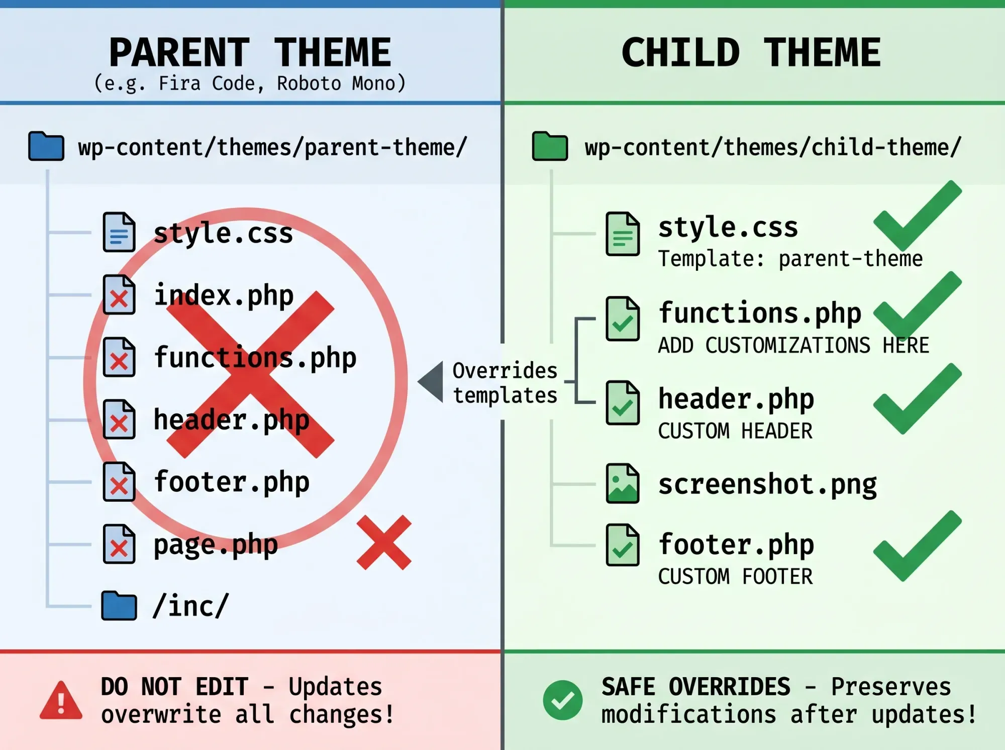 Web development code editor screen showing child theme structure