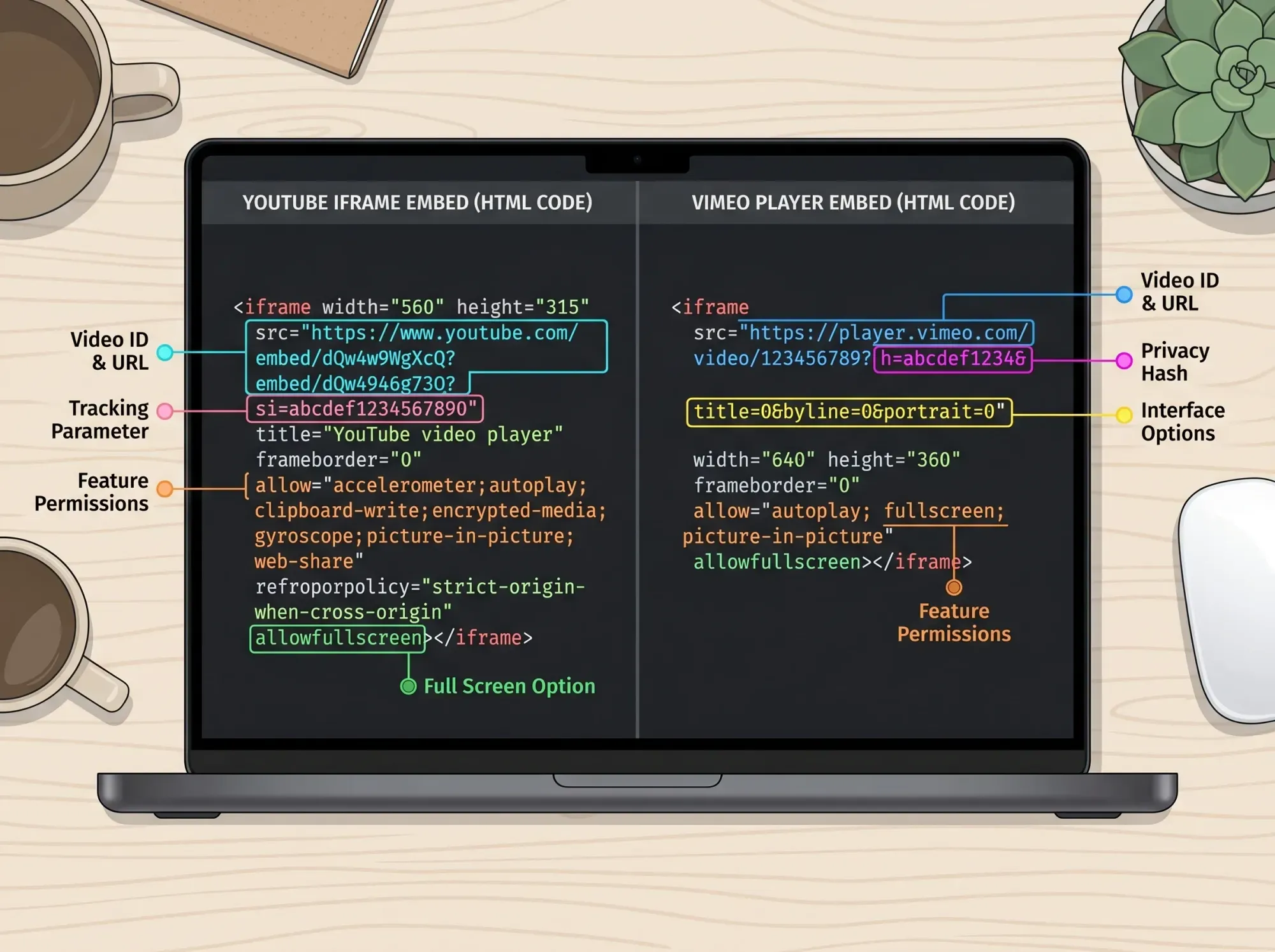 Dark workspace with code and video playback on screen