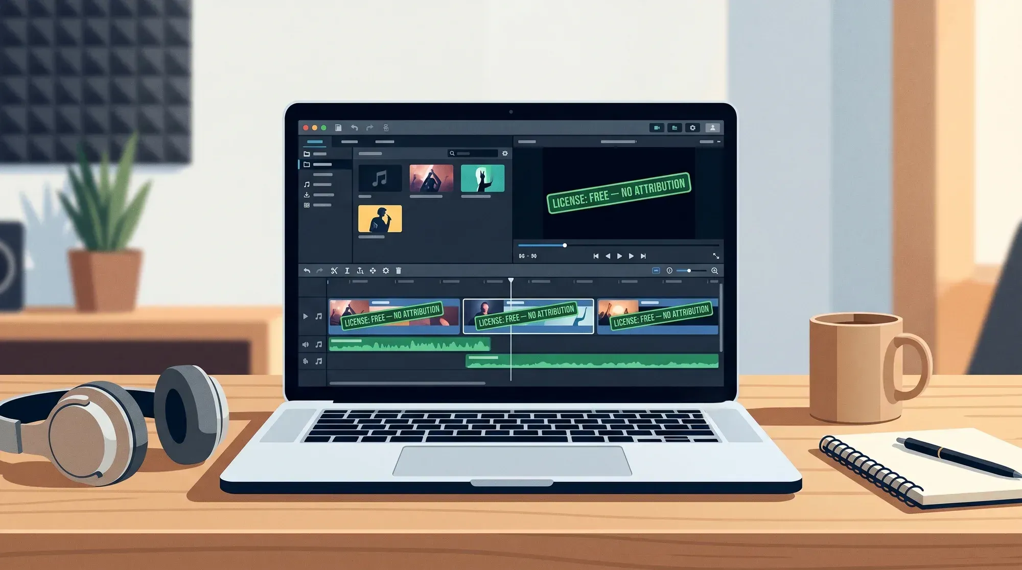 Video editor timeline showing music tracks stamped with free no-attribution license badges