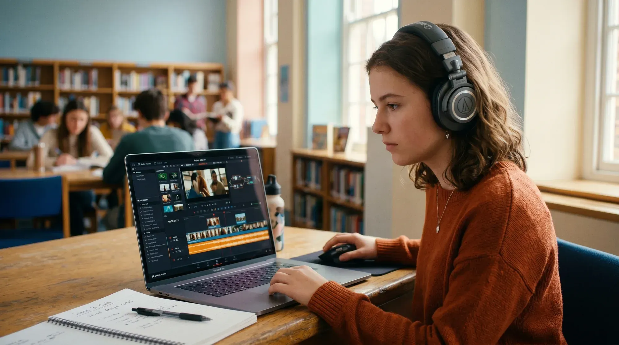Student editing a video project on a laptop with a music editing timeline in a classroom setting