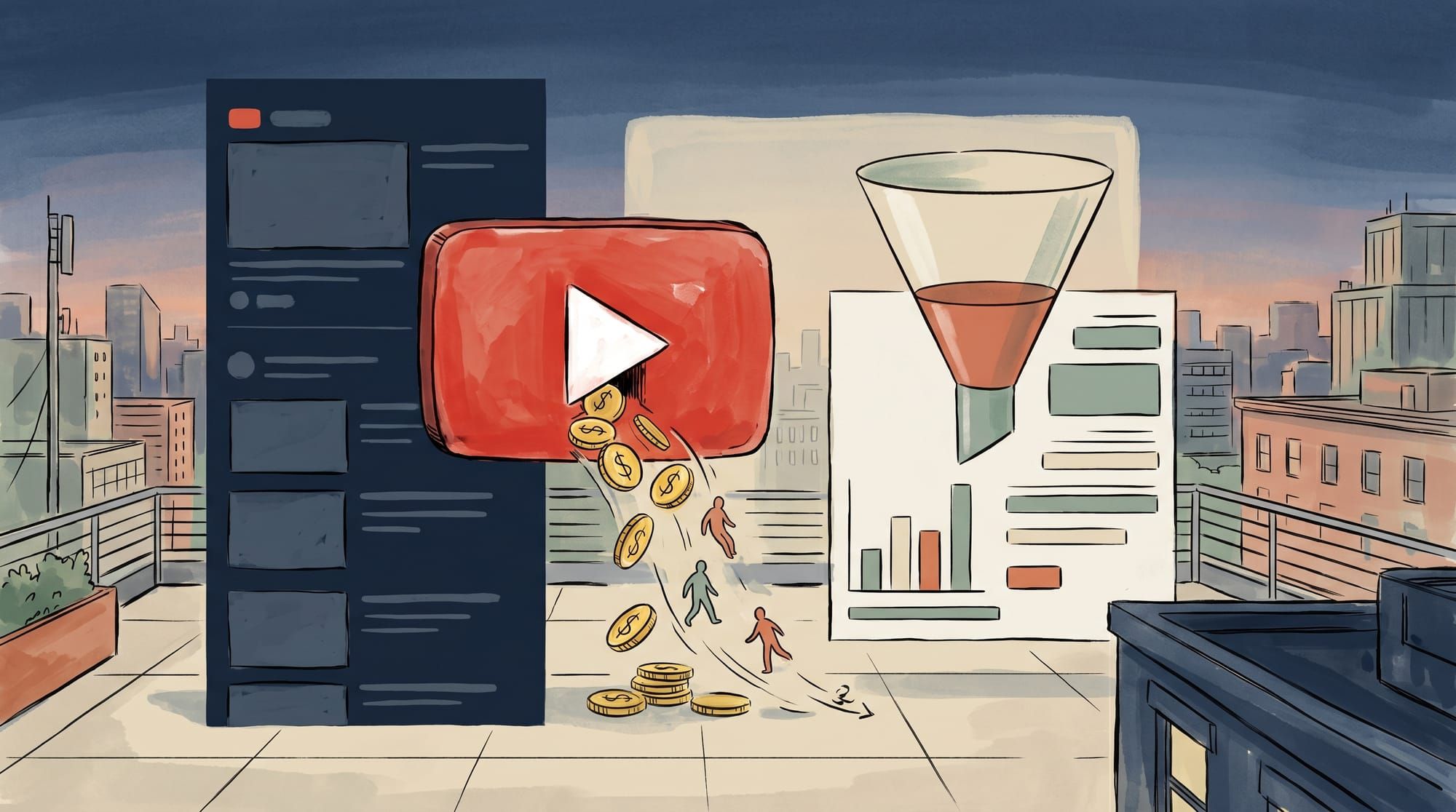 Illustration of a YouTube-style red play button leaking gold coins and small visitor figures sliding into a sidebar of suggested videos, with a half-empty conversion funnel beside it