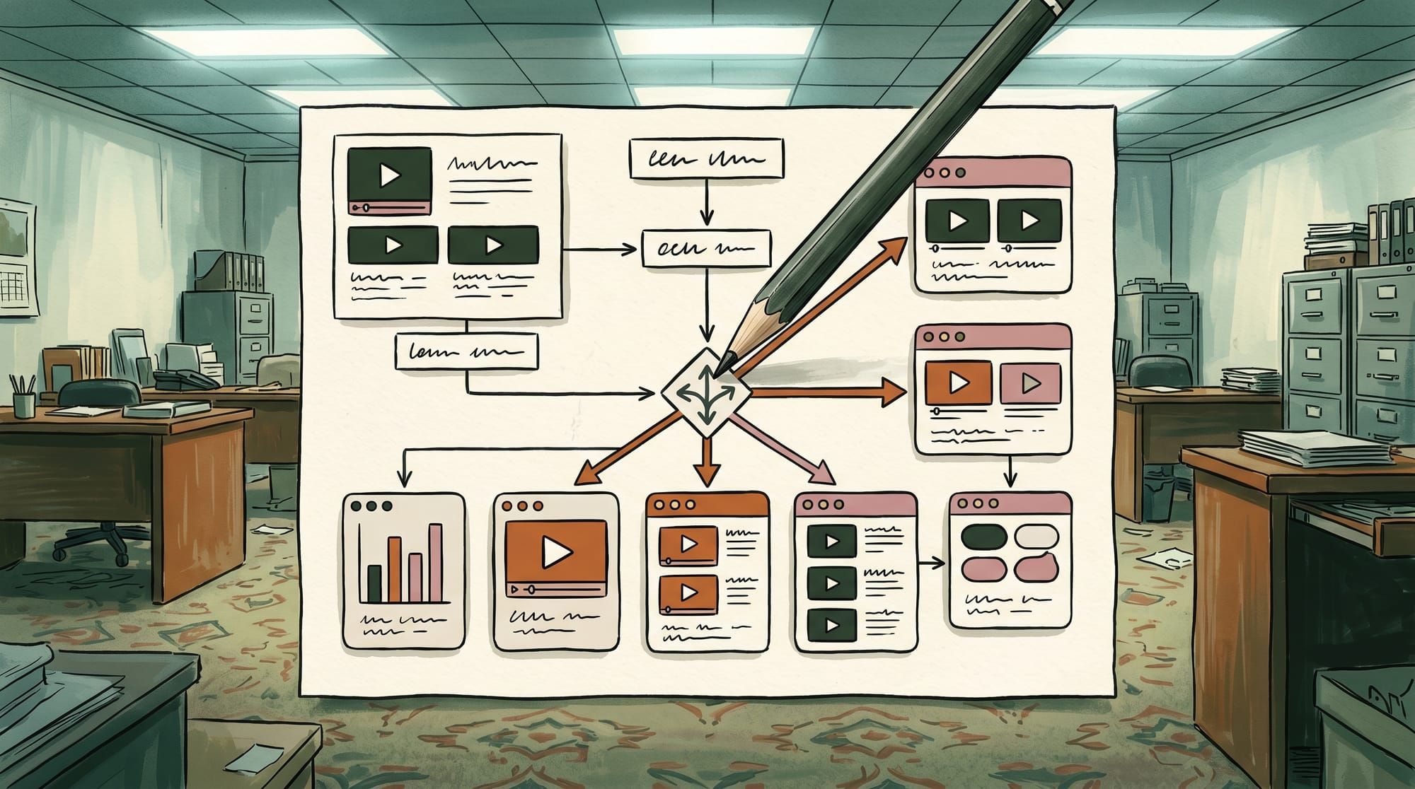 Hand-drawn flowchart on paper splitting into five branches leading to different platform cards, with a pencil hovering at the decision point