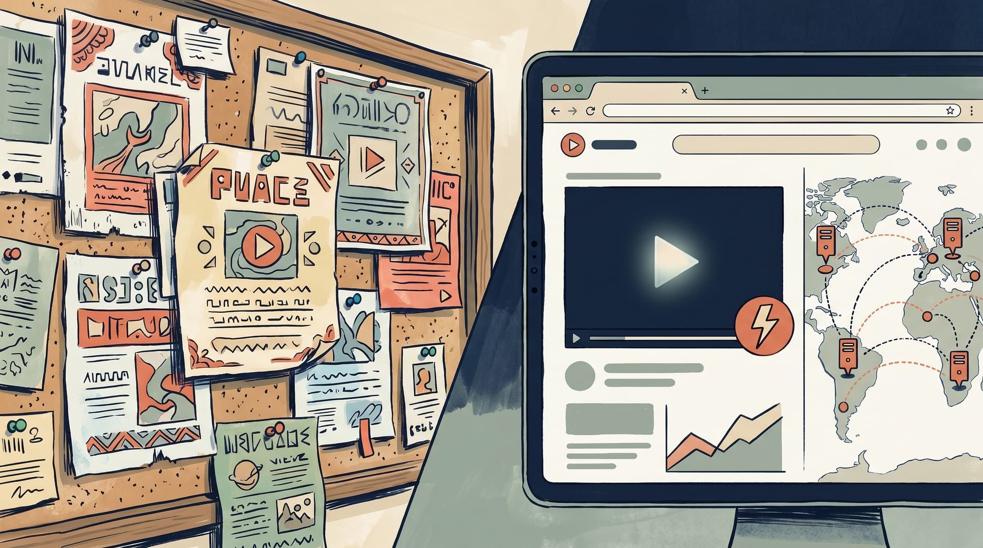 A clean WordPress-style web page with a sleek video player loading instantly, beside a lightning-bolt icon and a global edge-network diagram