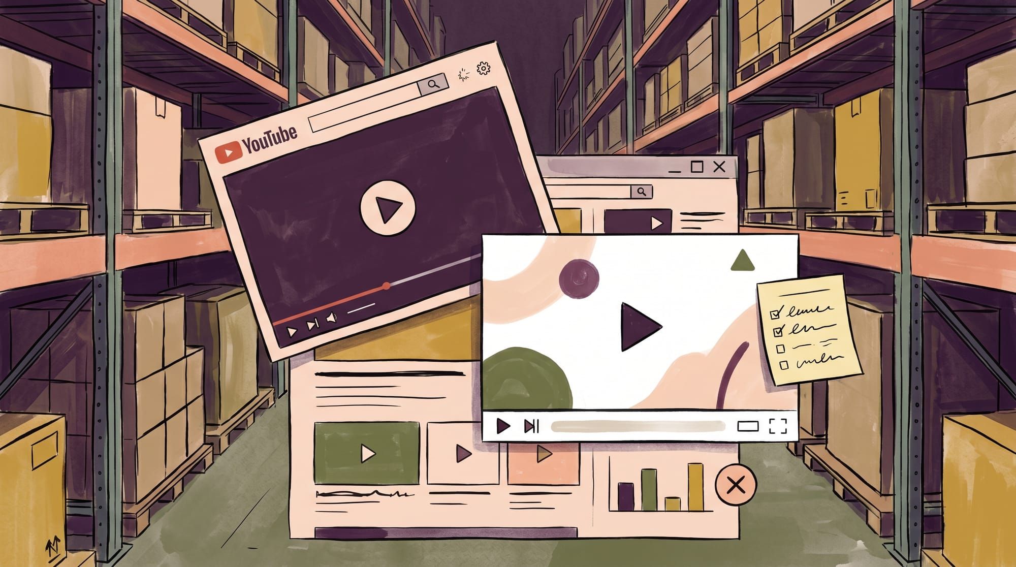 An old YouTube-style iframe being lifted off a webpage layout and replaced by a clean unbranded video player, next to a sticky-note checklist