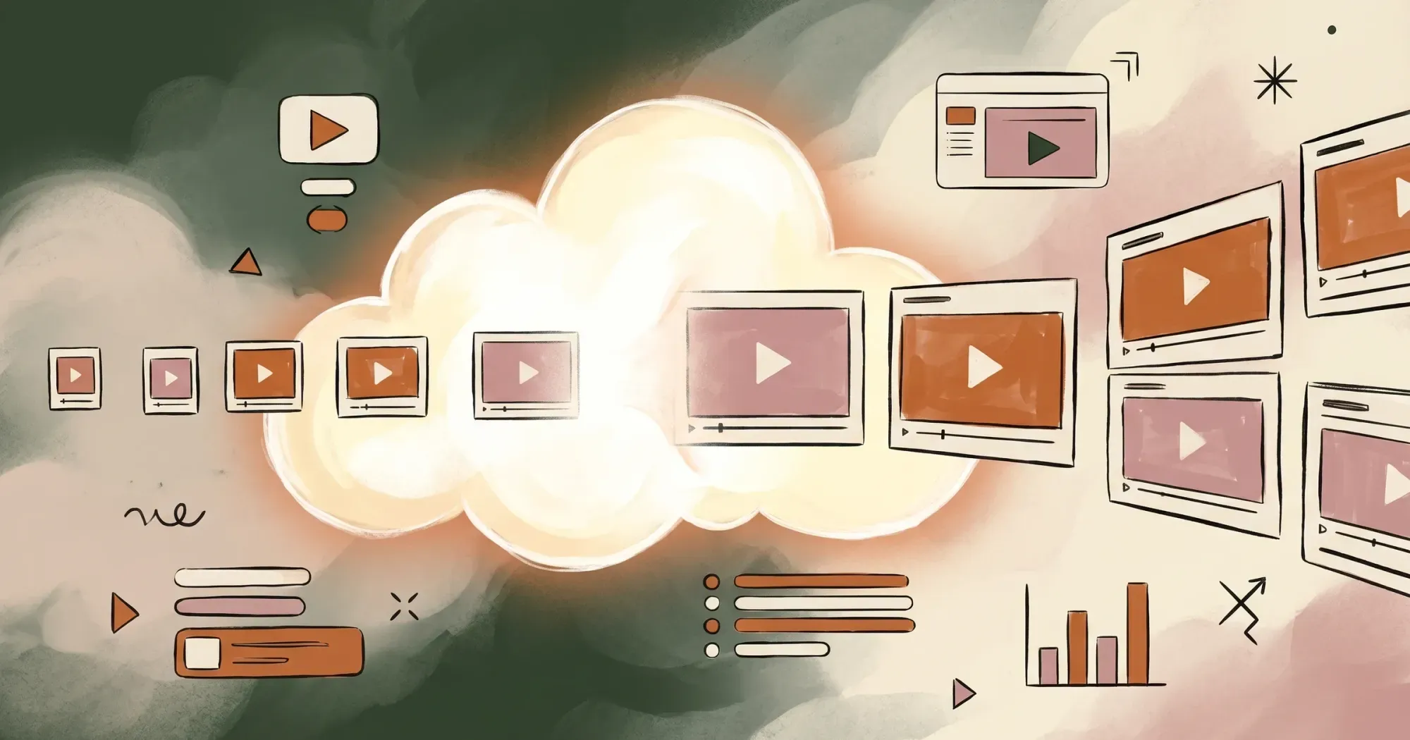 Editorial illustration of video files flowing through a glowing cloud and emerging on the other side, conveying automated cloud-based video compression