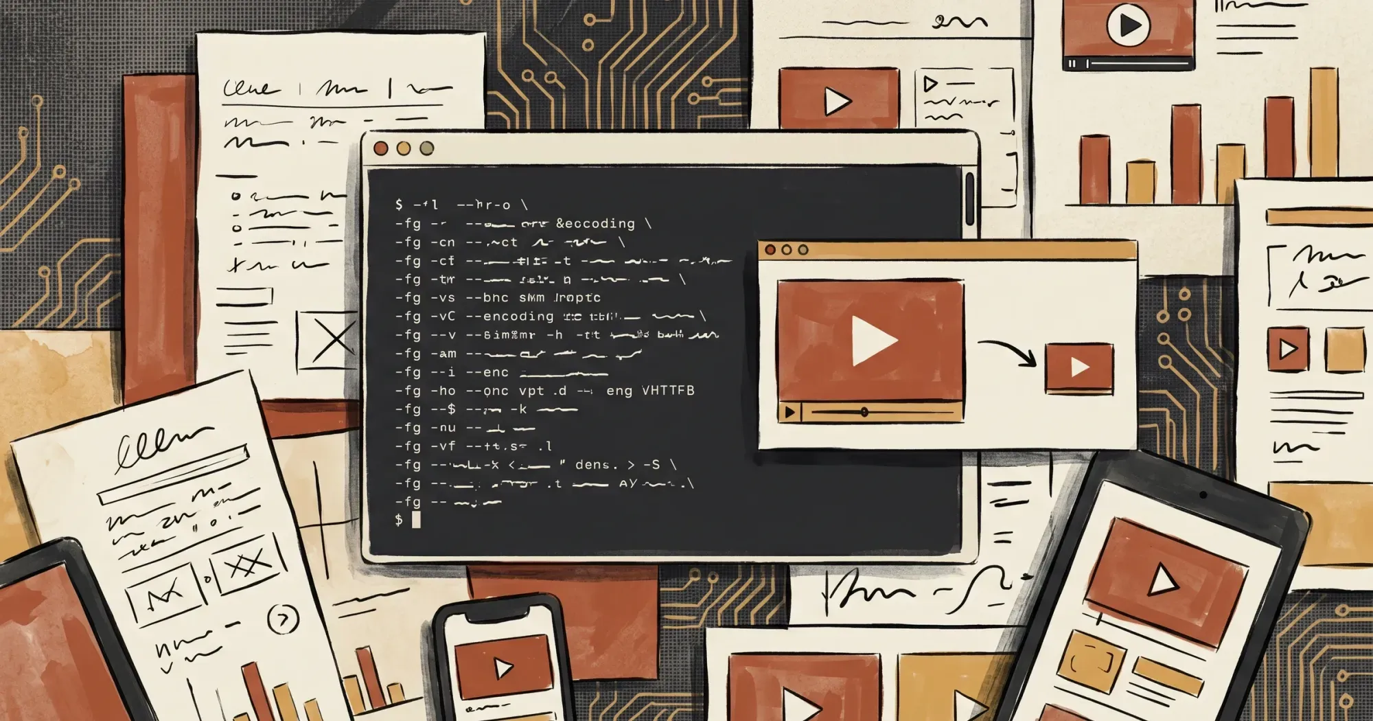 Editorial illustration of a terminal window running command-line video encoding flags with thumbnails of the same video shrinking to convey file-size reduction
