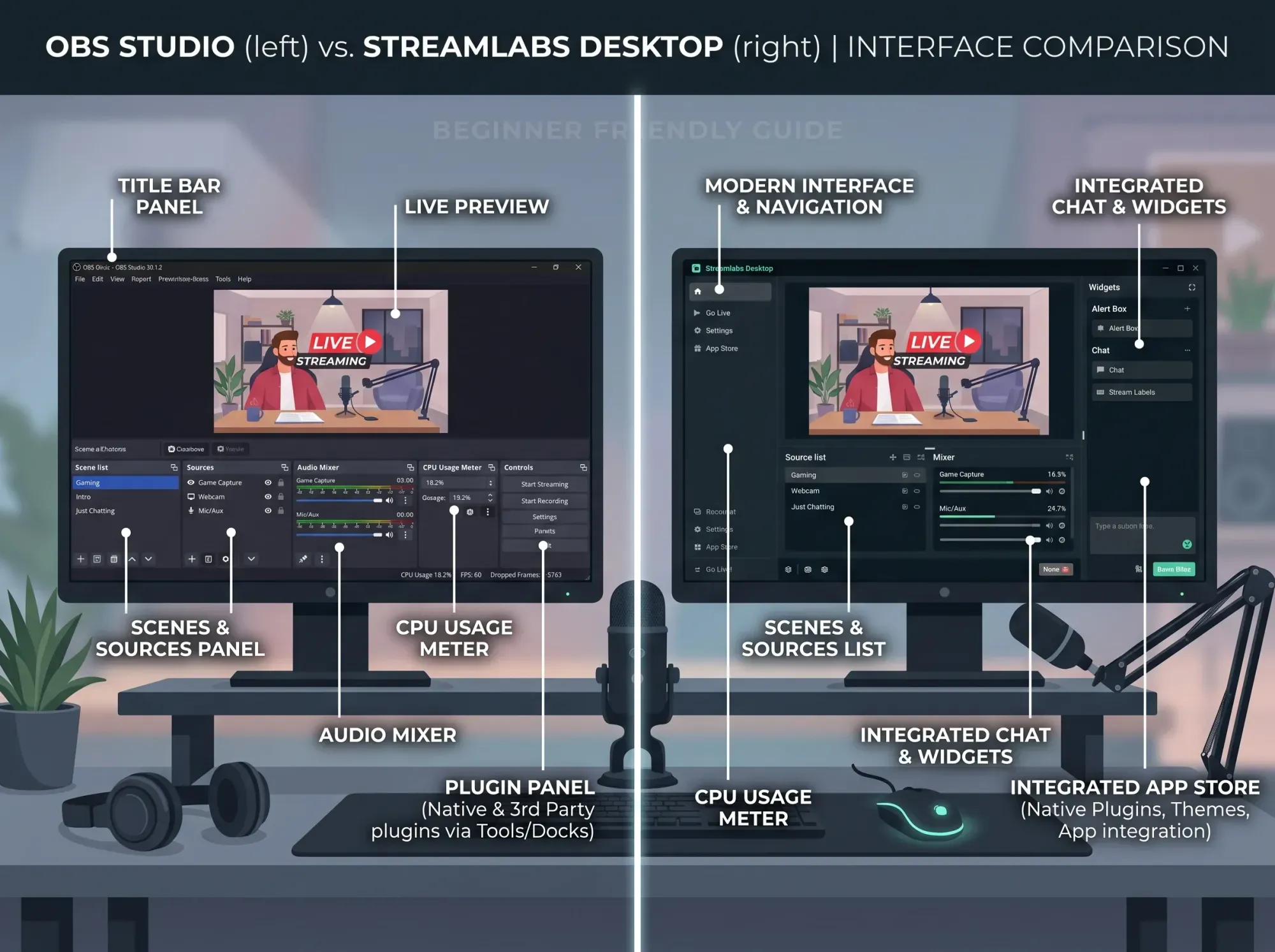 Microphone and computer screen setup for live streaming