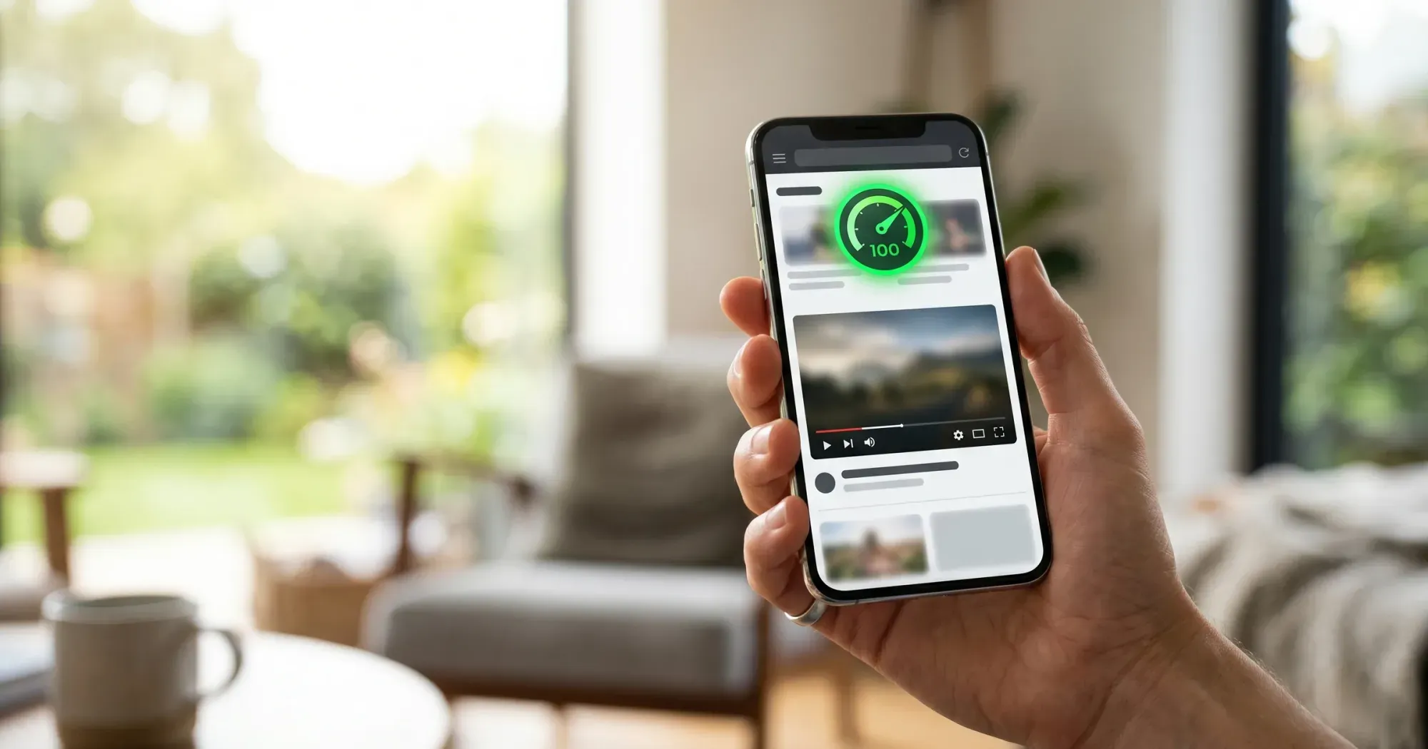 Hand holding a smartphone showing a video player with a green 100 performance score badge overlay, living room with natural light in background