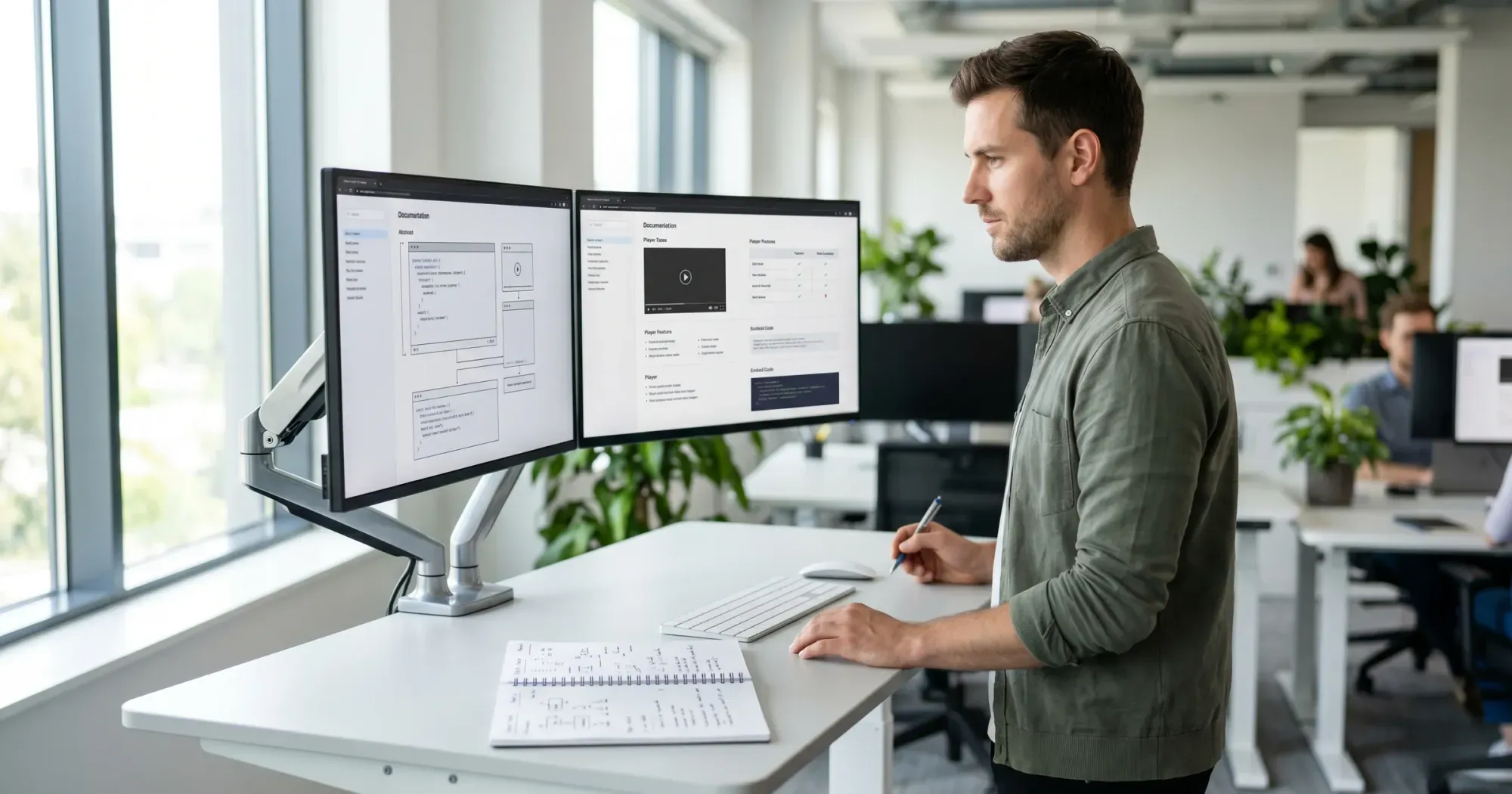 Developer at a standing desk with dual monitors comparing video player documentation pages in a bright open-plan office