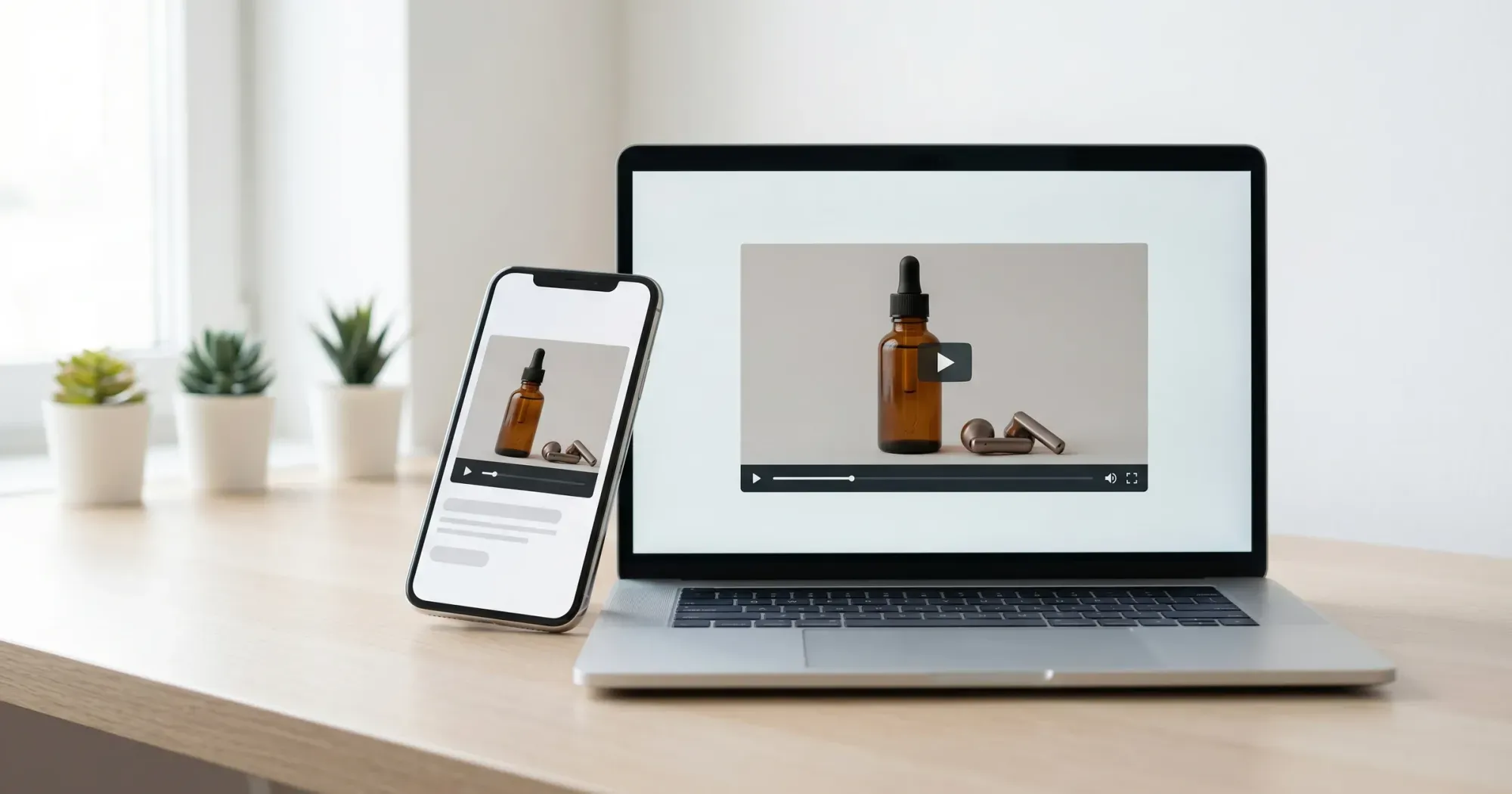 Laptop and smartphone side-by-side showing the same ecommerce product page with an embedded video player featuring a skincare product