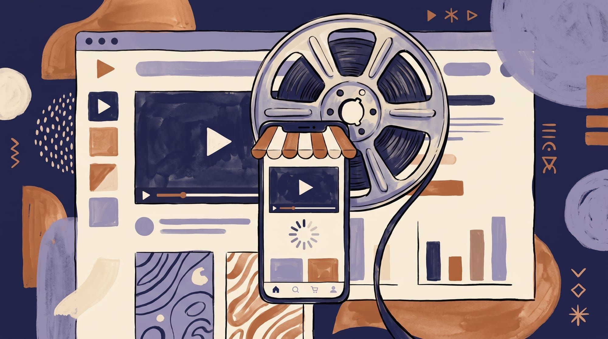 Mobile phone showing an online storefront with a stalled video player and buffering wheel, with a much larger video reel looming behind it, illustrating the mismatch between large native video and mobile devices
