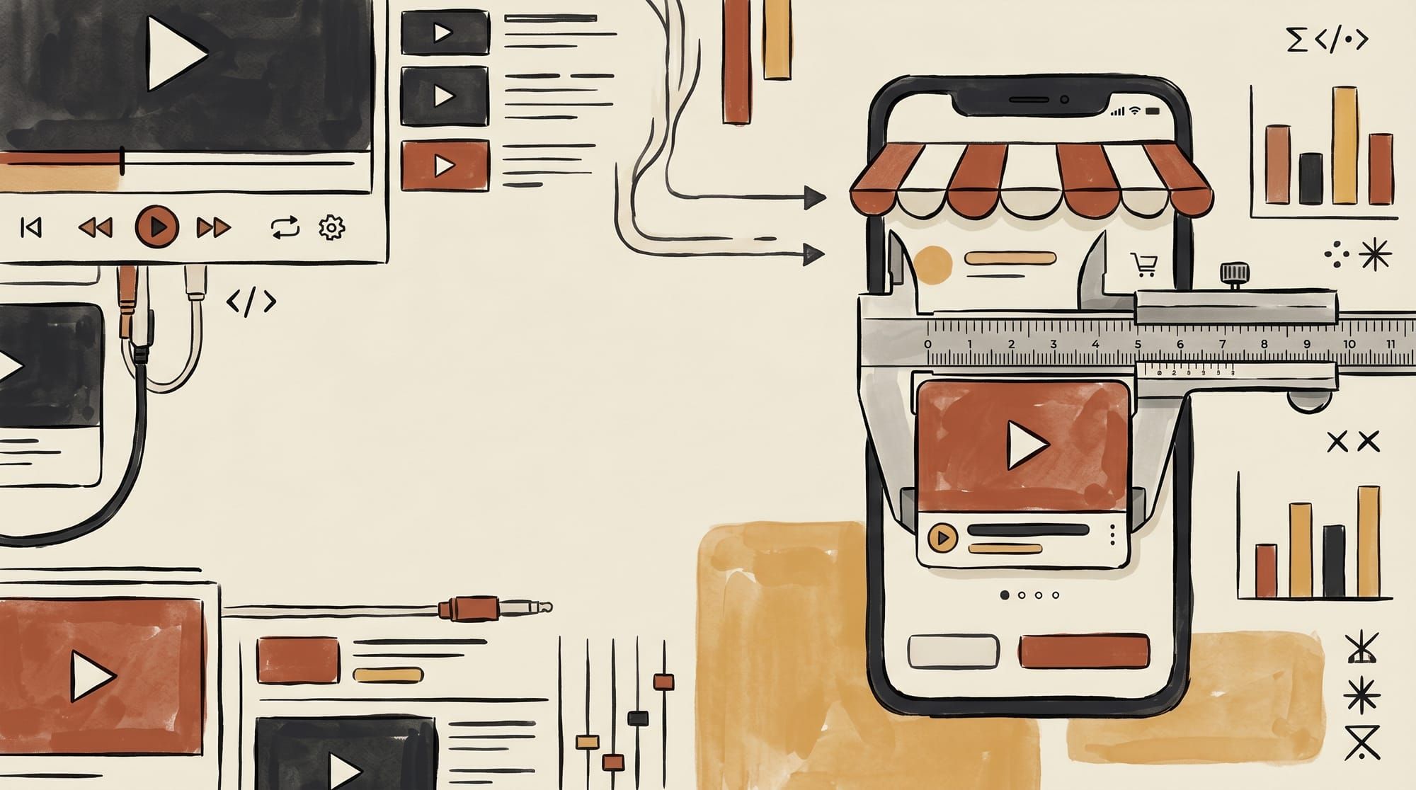 A phone-shaped online storefront with a video tile inside, with a caliper measuring the video's size against the platform's upload cap