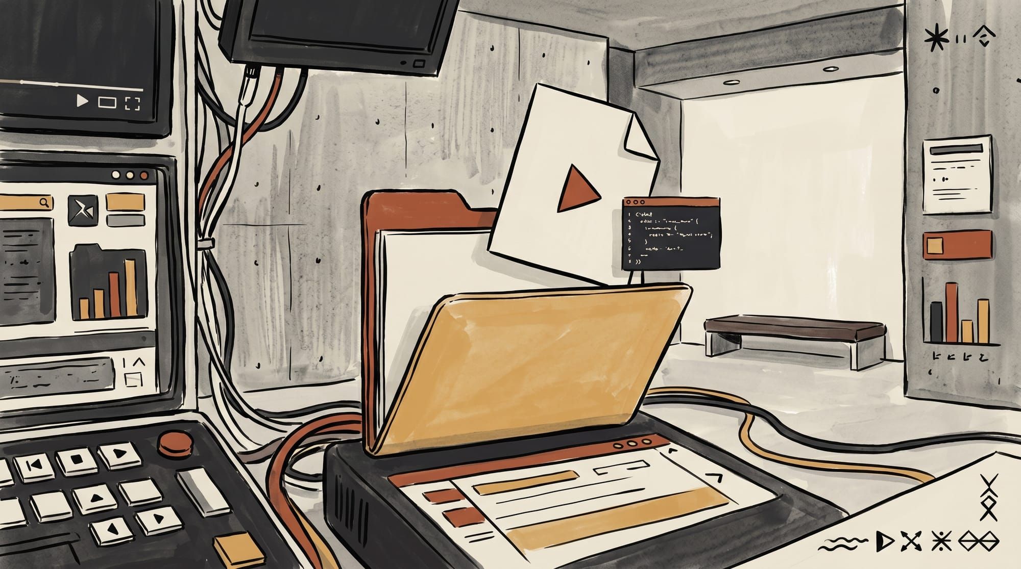 A folder opening to reveal a video file with a Liquid code snippet floating beside it, illustrating Shopify Files-page video embed