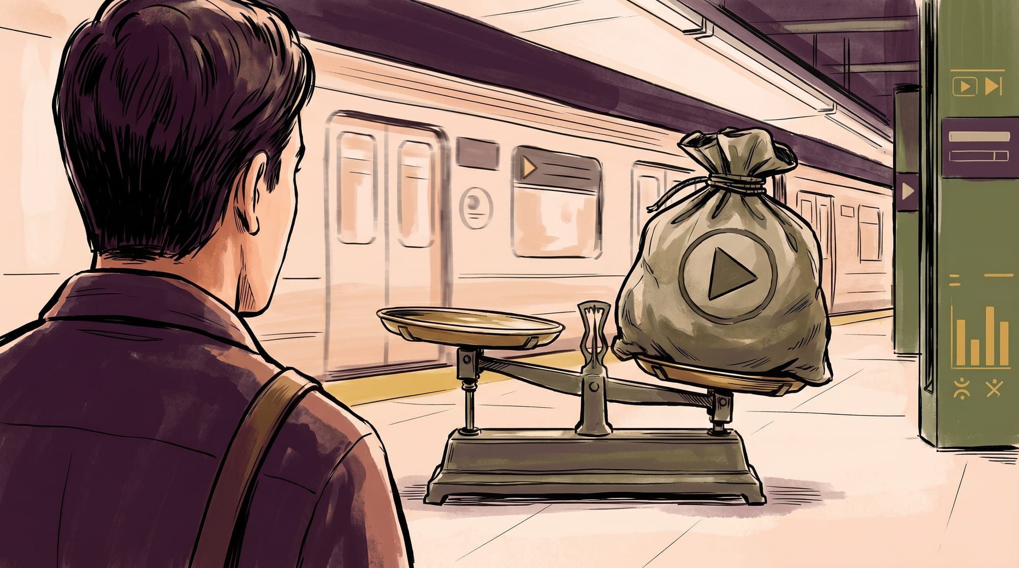 A weighted bag with a play button symbol on a teetering balance scale, illustrating the heavy page weight from a YouTube iframe embed