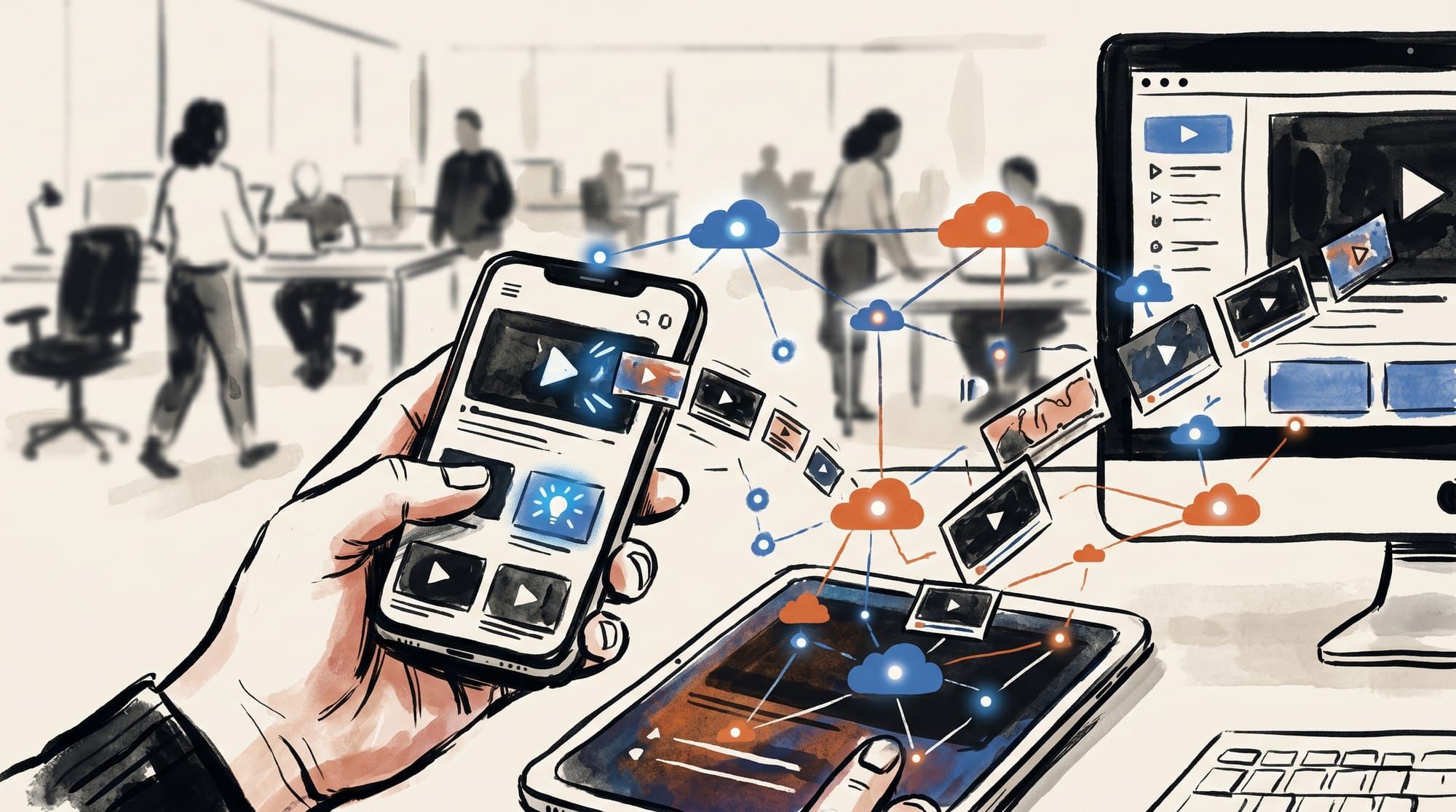 Cloud nodes streaming video tiles to a phone, tablet, and monitor at scaled sizes, illustrating adaptive video CDN delivery