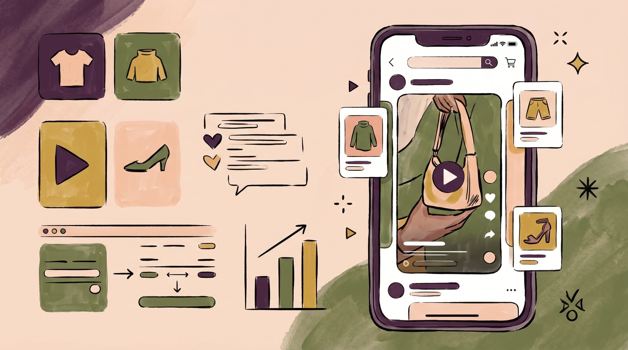 Mobile phone showing a vertical scrolling video feed with floating product cards around it, illustrating the shoppable-video-app pattern that's distinct from simple product-page video hosting