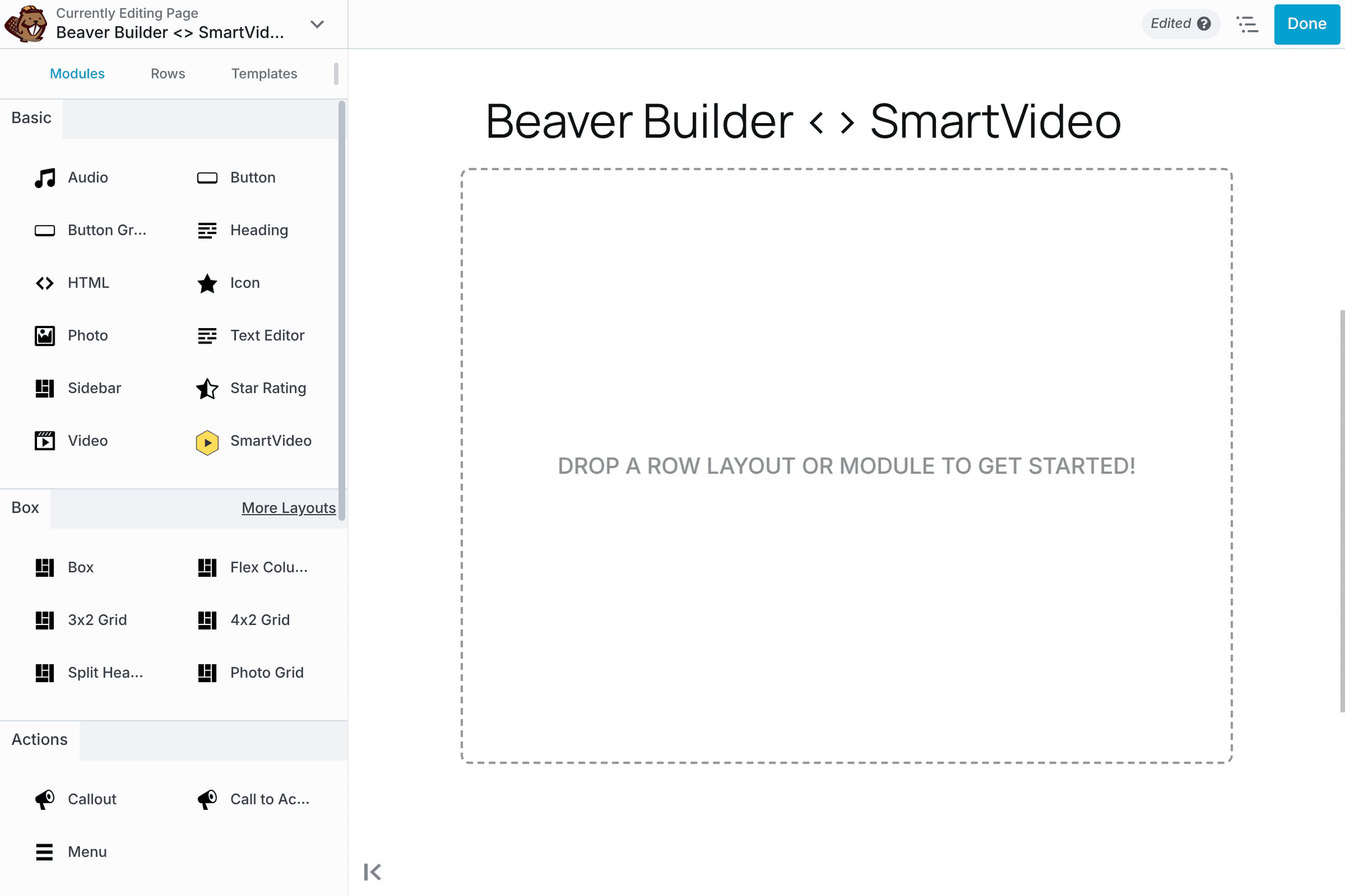Beaver Builder module panel showing SmartVideo module in the Basic modules list