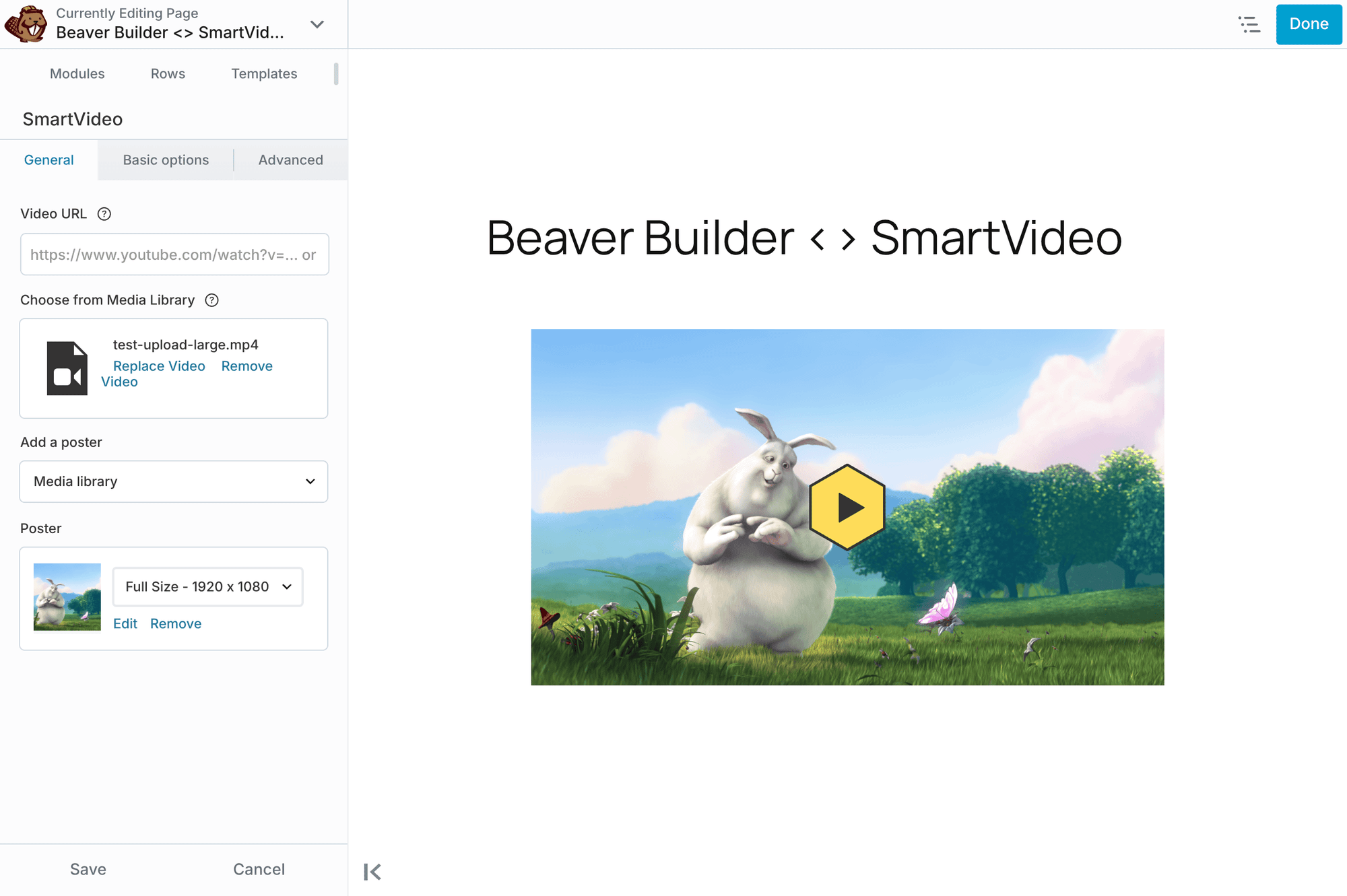 SmartVideo module settings in Beaver Builder with video URL, media library upload, poster image, and rendered Big Buck Bunny player