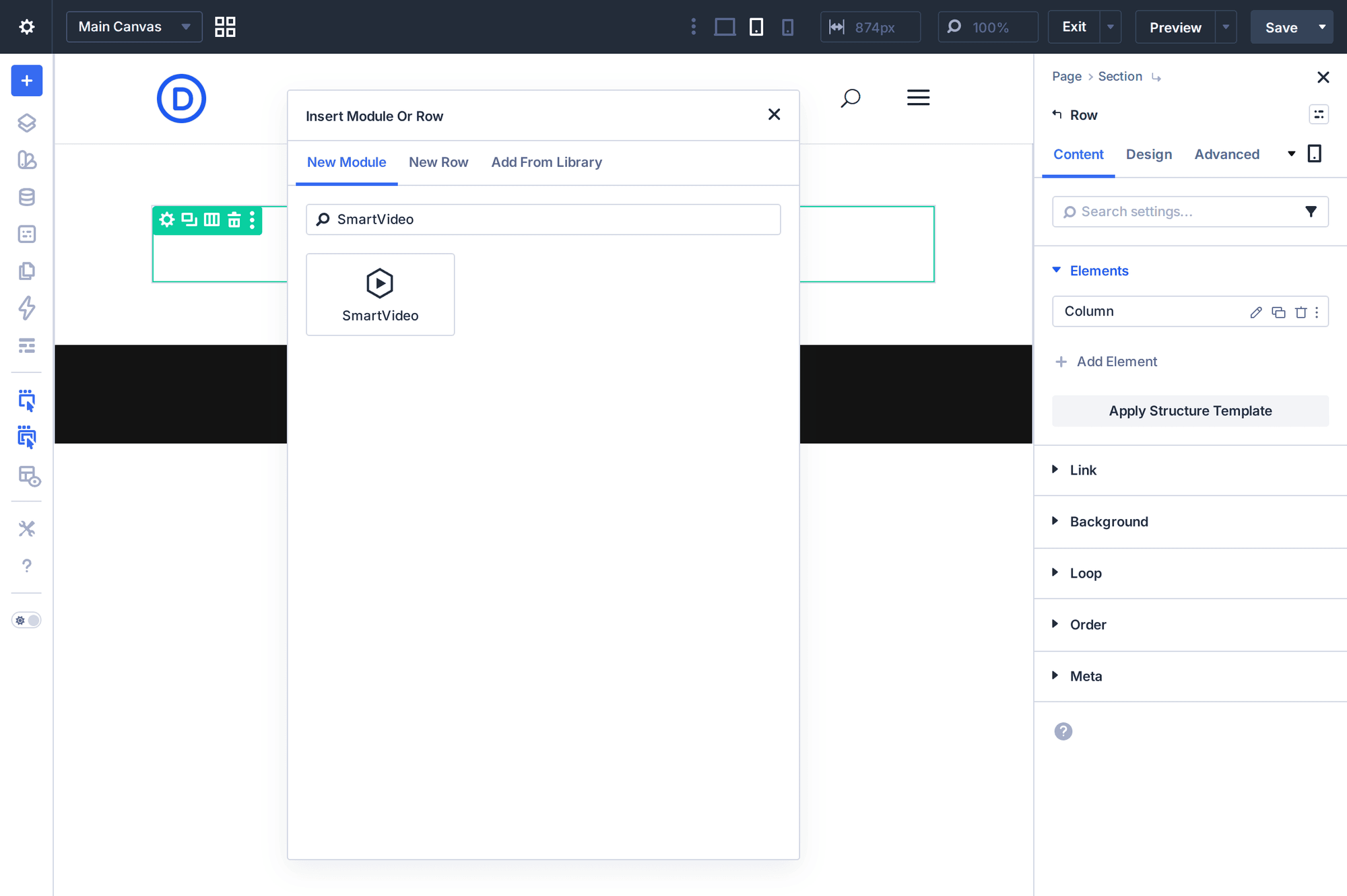 Divi 5 Visual Builder Insert Module dialog with SmartVideo module in search results