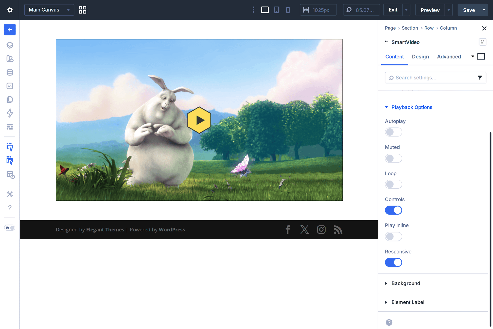 SmartVideo module in Divi 5 Visual Builder showing rendered Big Buck Bunny player with playback options panel