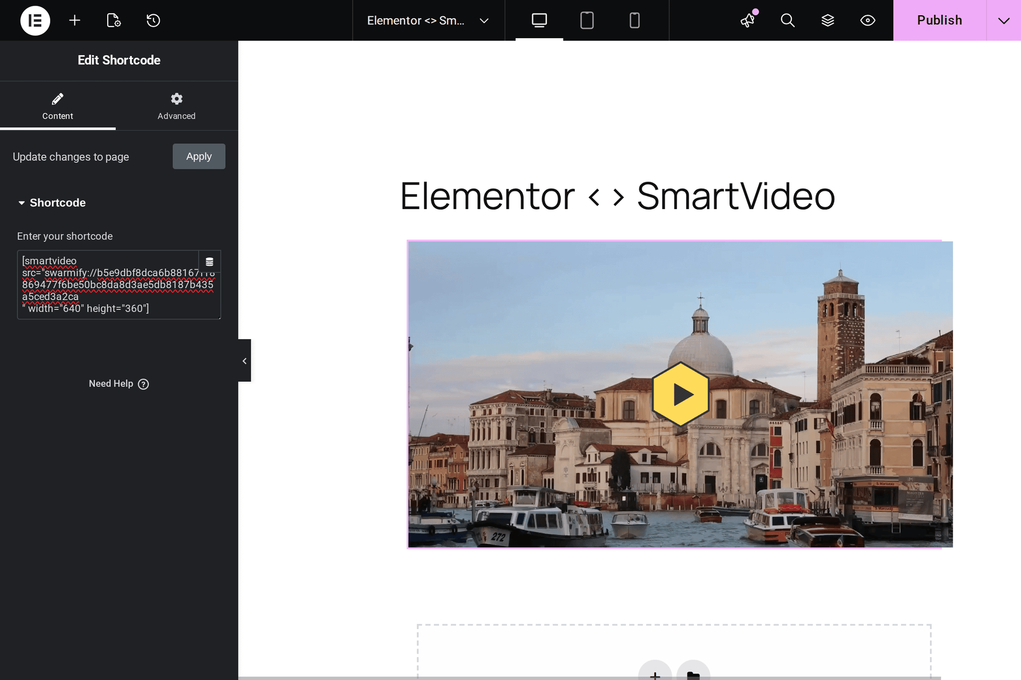SmartVideo shortcode in Elementor Shortcode widget with rendered video player showing Venice canal scene