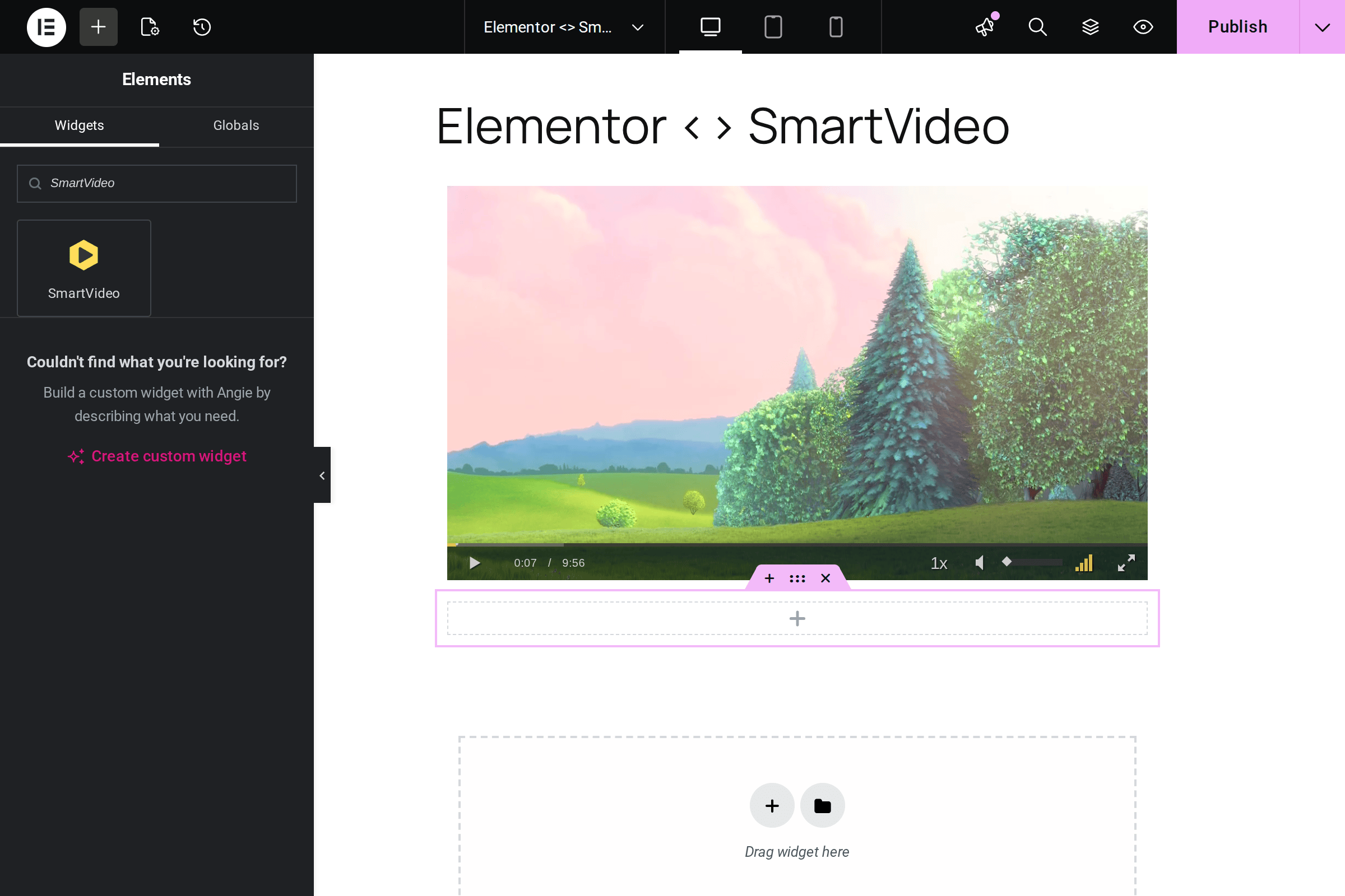 SmartVideo widget in Elementor sidebar search results with rendered video player on page