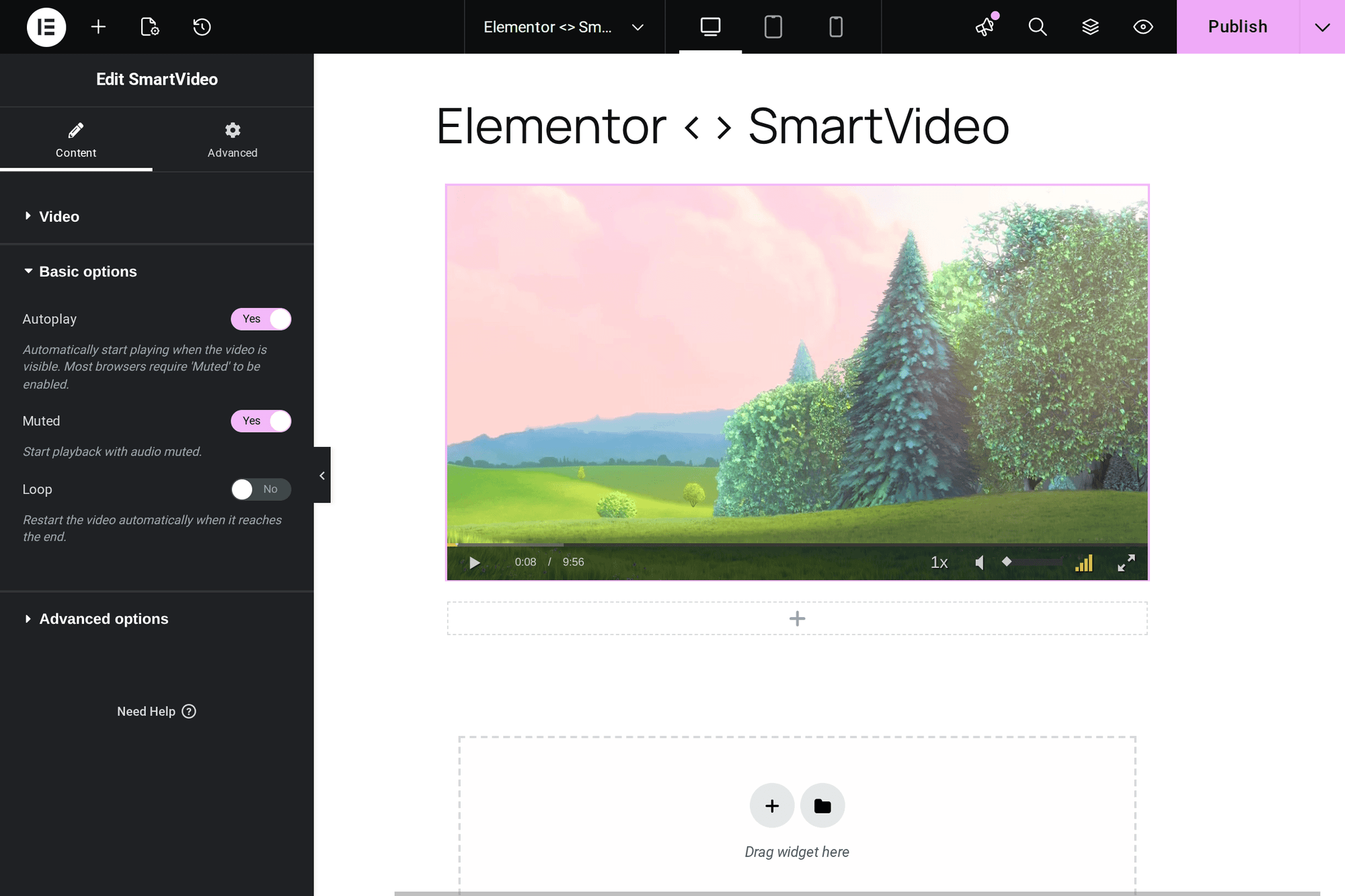 SmartVideo widget settings in Elementor showing autoplay, muted, and loop options with video player preview